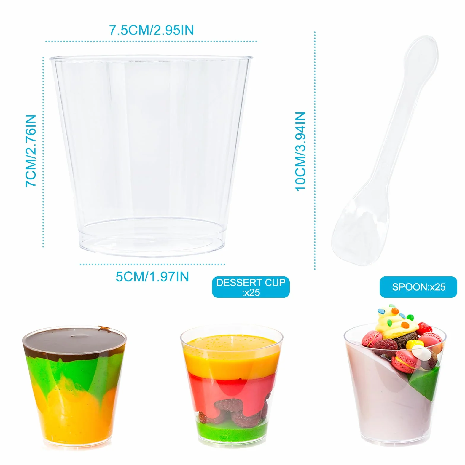 25 szt. mini kubków deserowych, 210 ml, plastikowe doniczki deserowe z łyżkami, przezroczysta miska deserowa, kwadratowe doniczki na sernik, do domu, deserów, pudddingu, musów, lodów (okrągłe)