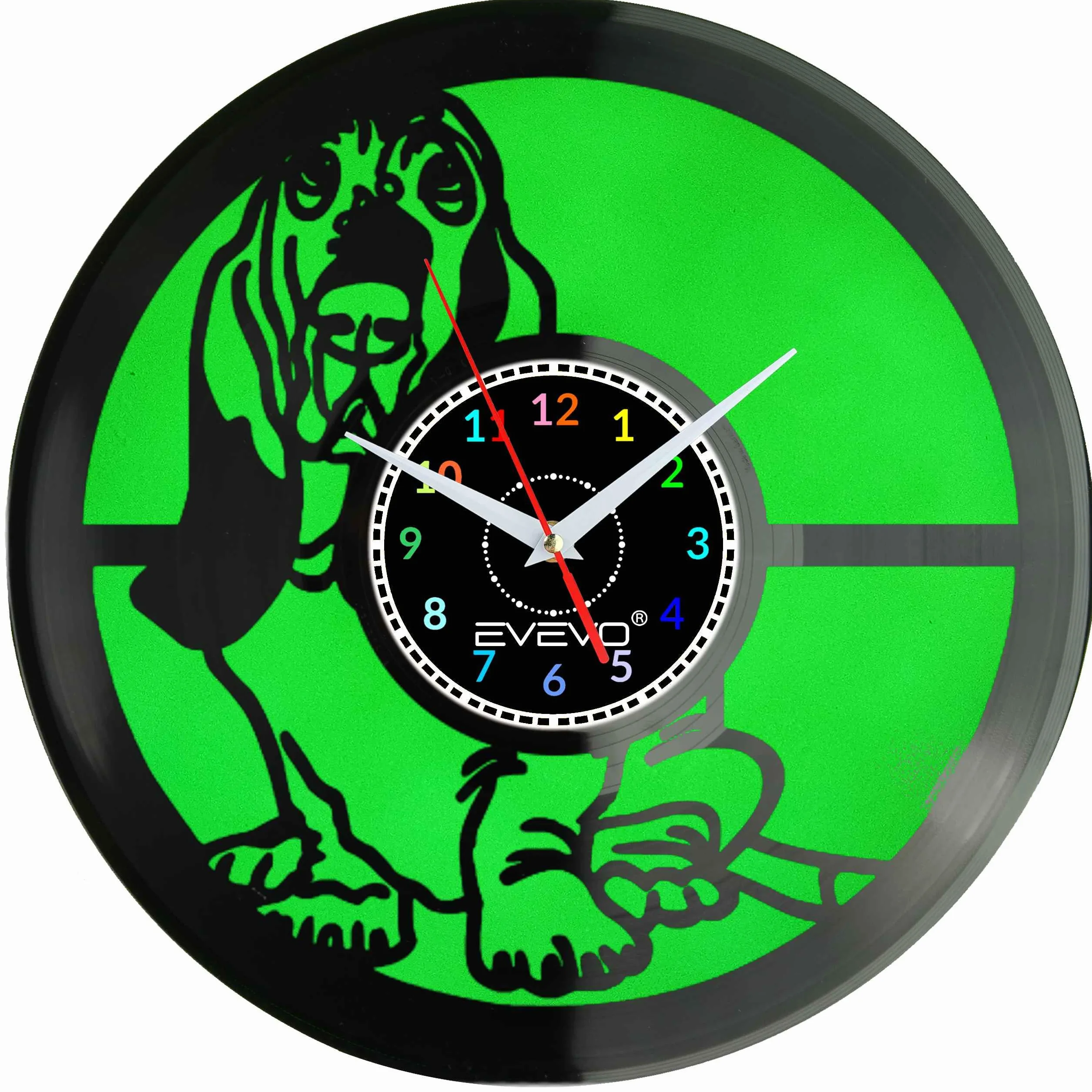 BASSET BRETOŃSKI PIES ZEGAR ŚCIENNY FLUORESCENCYJNE TŁO PŁYTA WINYLOWA PREZENT UPOMINEK URODZINY GIFT SOUVENIR EVEVO F0046