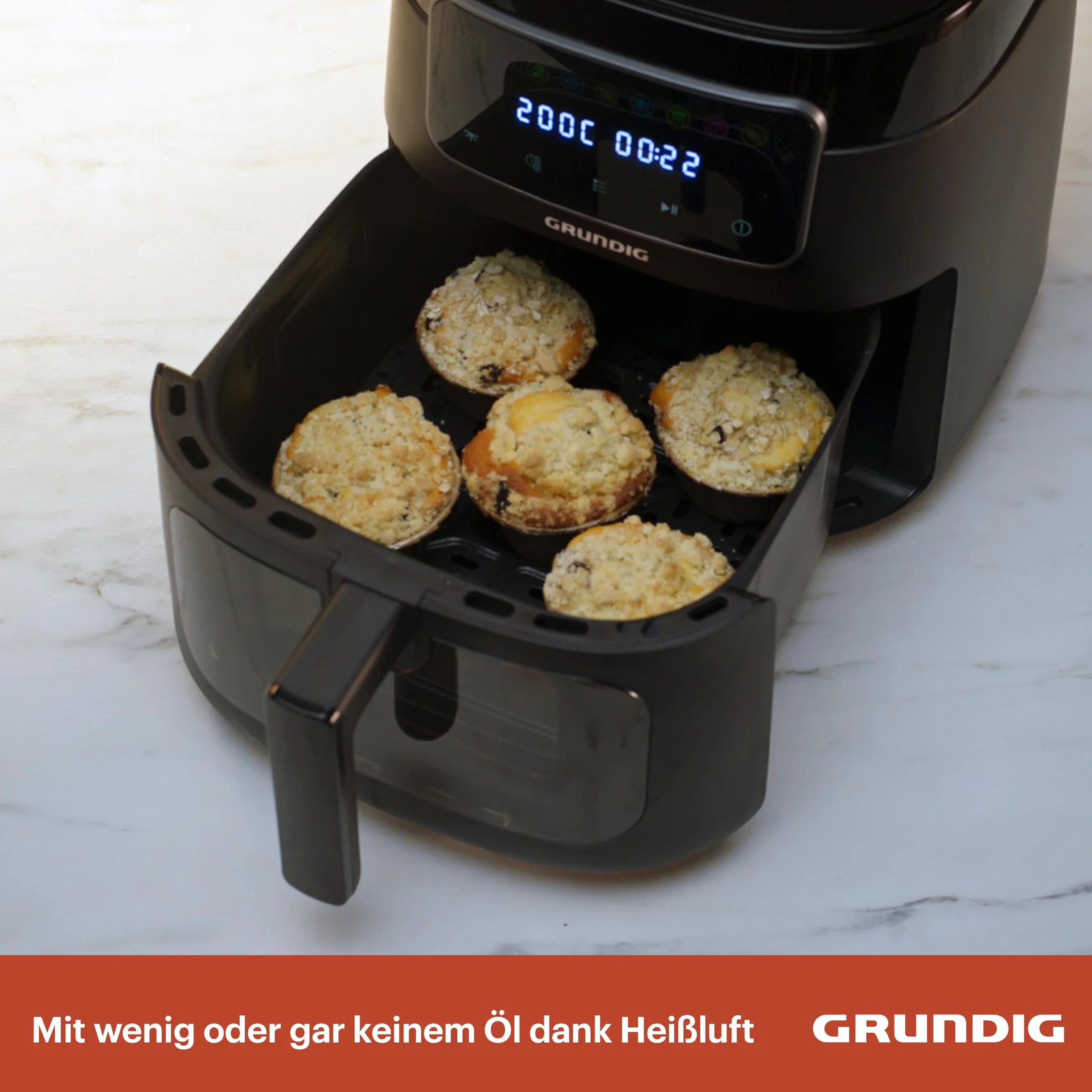 Grundig FRY 7320 frytkownica na gorące powietrze, pojemność 7,6 l, 1750 W, wyświetlacz dotykowy, duże okienko, regulacja temperatury i czasu, powłoka zapobiegająca przywieraniu, kosz nadaje się do