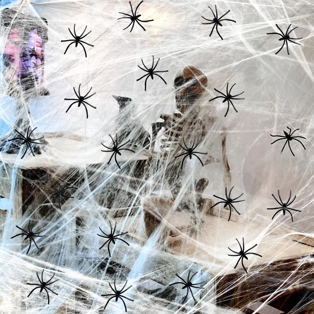Augesak Dekoracja na Halloween, pajęczyna, 120 g, dekoracja na Halloween, do użytku na zewnątrz, z 50 czarnymi pająkami, realistyczna dekoracja na imprezę z horroru, dekoracja ogrodu