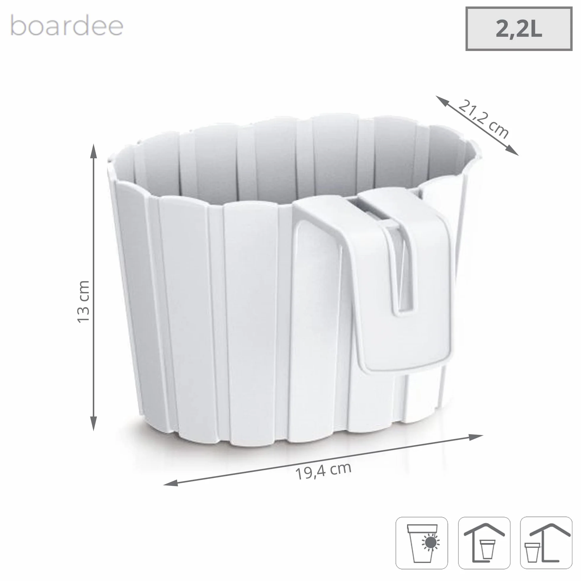Prosperplast Donica na kwiaty z tworzywa sztucznego BOARDEE Basic biała, 2,2 l – 19 x 21 x 13 cm
