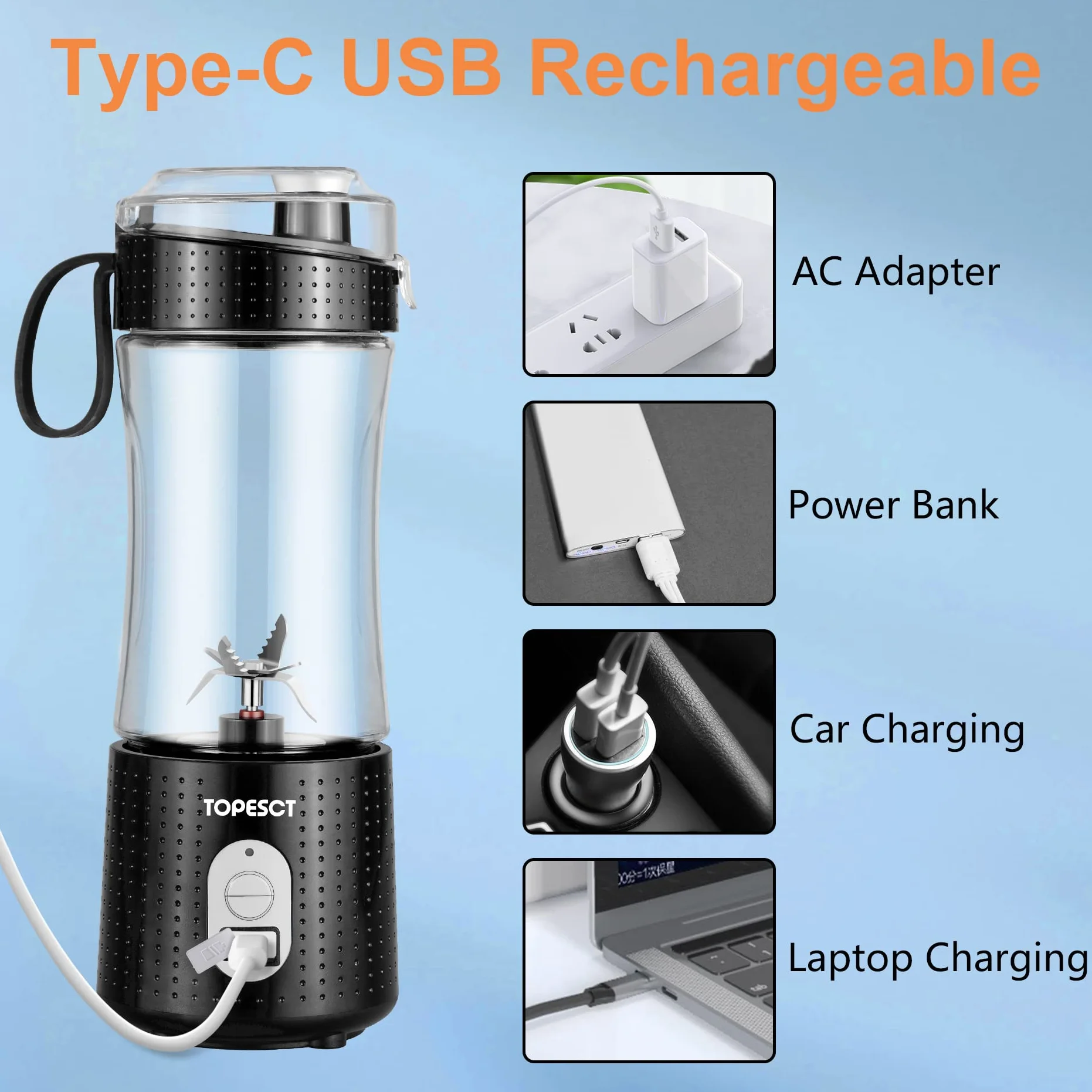 TOPESCT Przenośny blender, osobisty mikser do owoców, ładowany przez USB, mini blender do smoothie, soku owocowego, koktajli mlecznych 380 ml, sześć ostrzy 3D do świetnego mieszania (czarny)