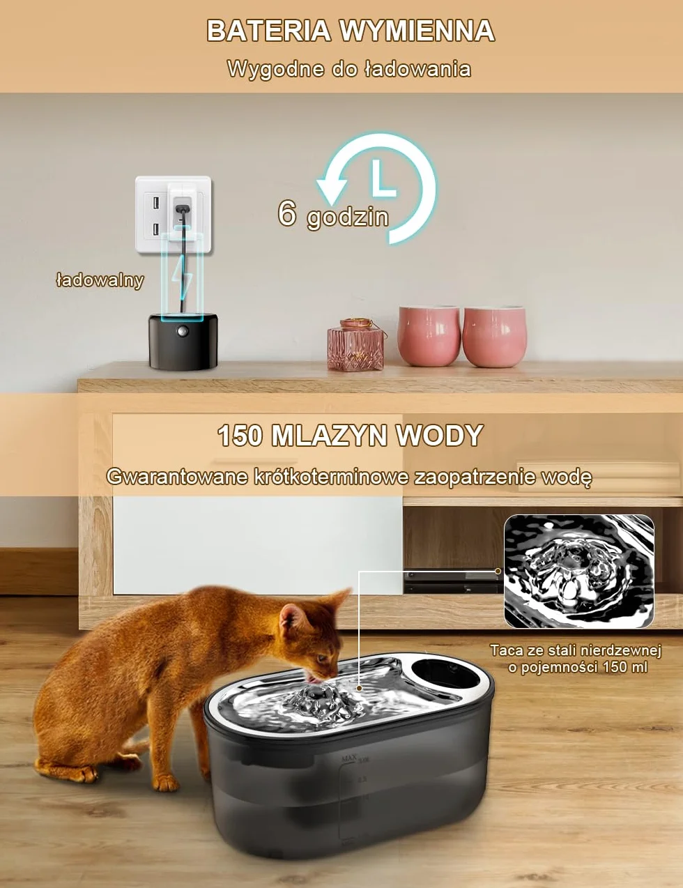 TOMXCUTE Bezprzewodowa fontanna dla kota 3 l czujnik ruchu bateria 5000 mAh czarny