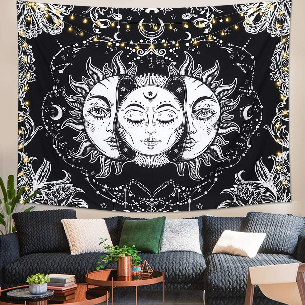 LOMOHOO Gobelin z motywem tarota, słońce i księżyc, psychodeliczny gobelin na ścianę, czarny, niebiański, indyjska mandala, bohema. hipisowska narzuta na plażę (słońce i księżyc, L: 148 x 200 cm)