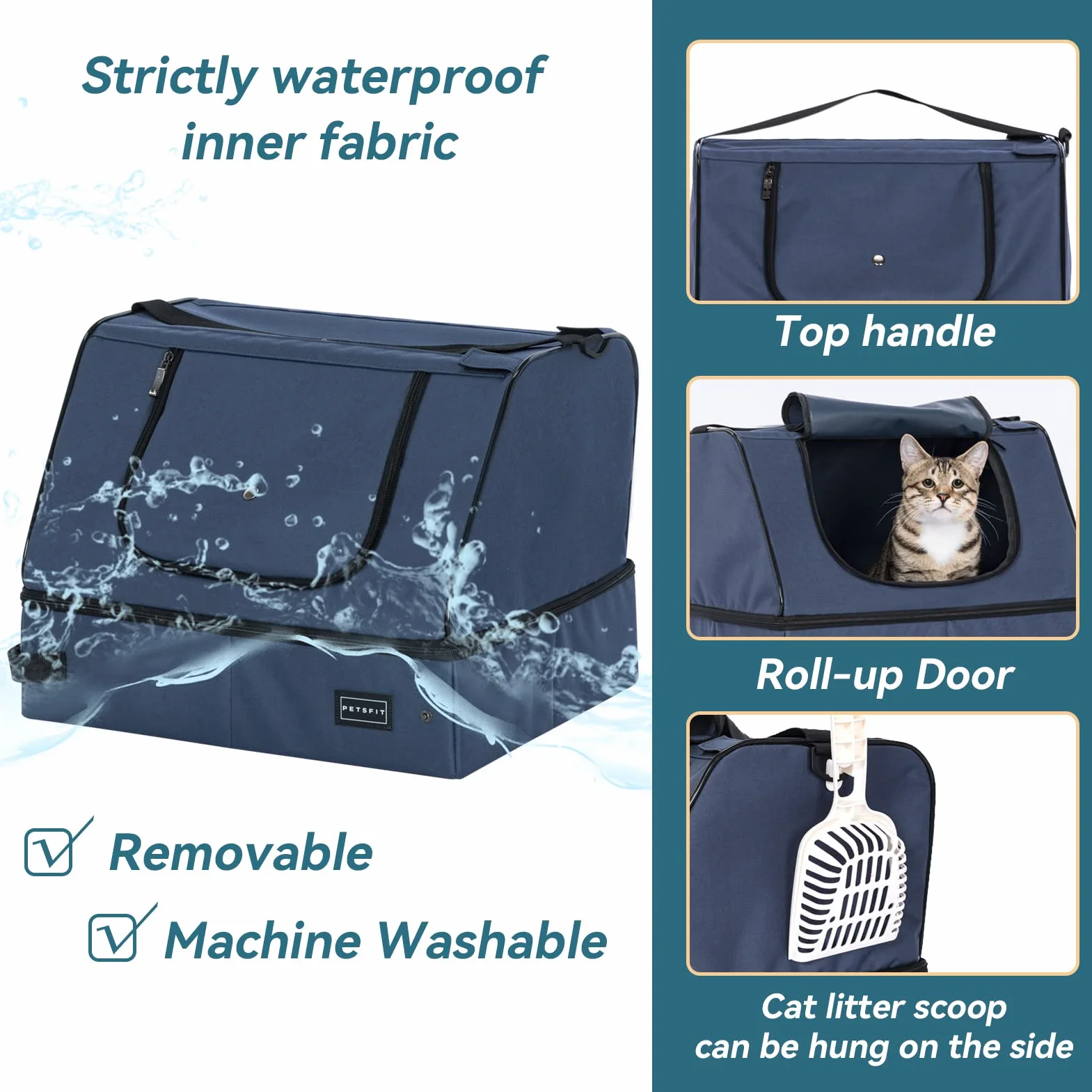 Petsfit Składana kuweta podróżna dla kota z pokrywką, przenośna, wodoodporna, niebieska 44x33x34 cm