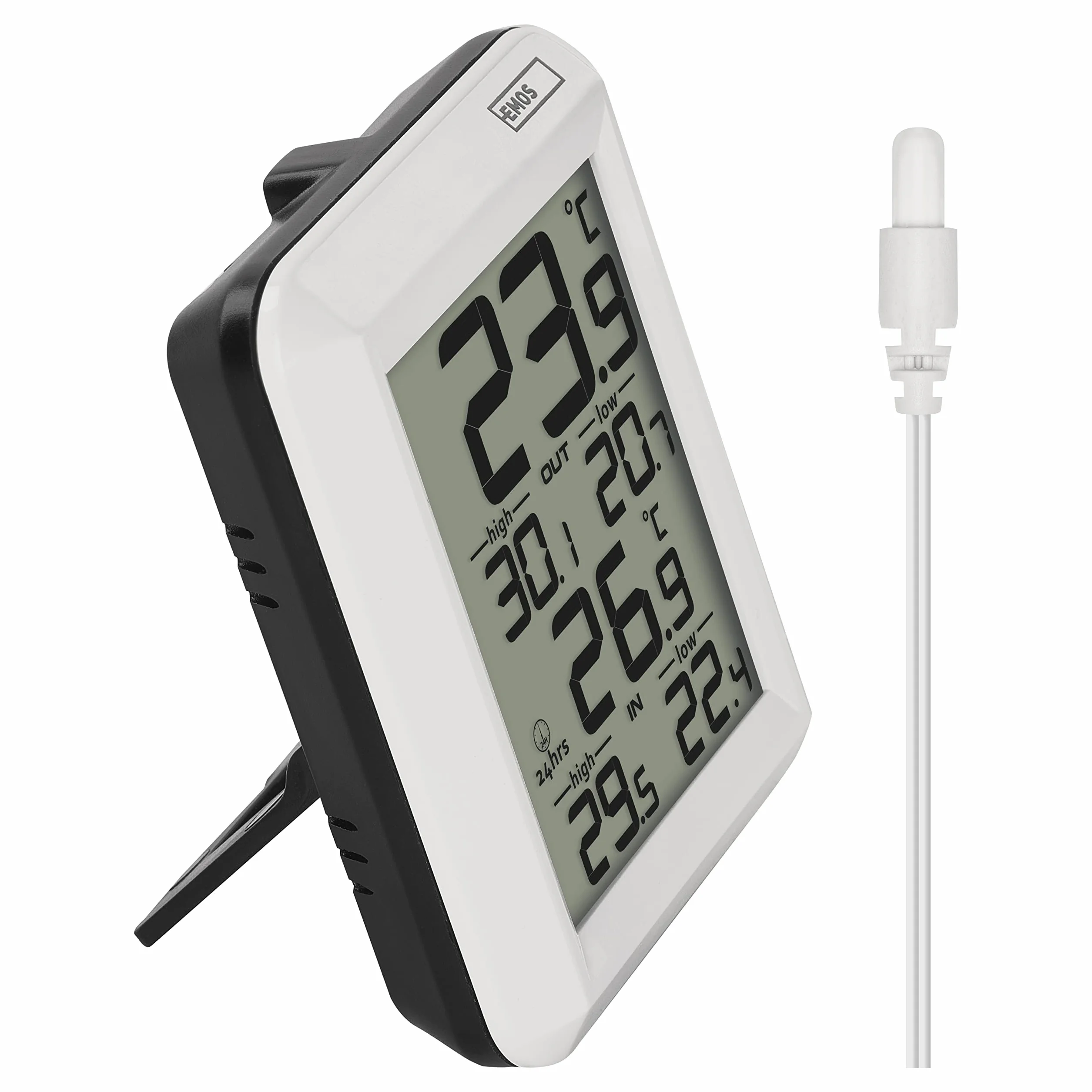 EMOS Cyfrowy termometr, termometr zewnętrzny/wewnętrzny z czujnikiem kabla 0,9 m i funkcją pamięci 24 h, °C/°F, zasilany bateriami