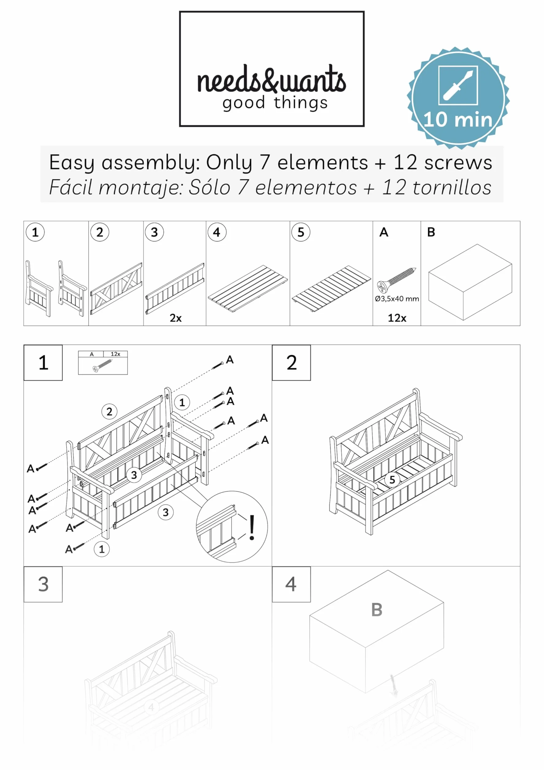 needs&wants® Ławka ogrodowa, drewniana, odporna na warunki atmosferyczne, z miejscem do przechowywania i pokrowcem, 2-osobowa ławka drewniana, klasyczna, ławka parkowa, ławka do siedzenia z litego