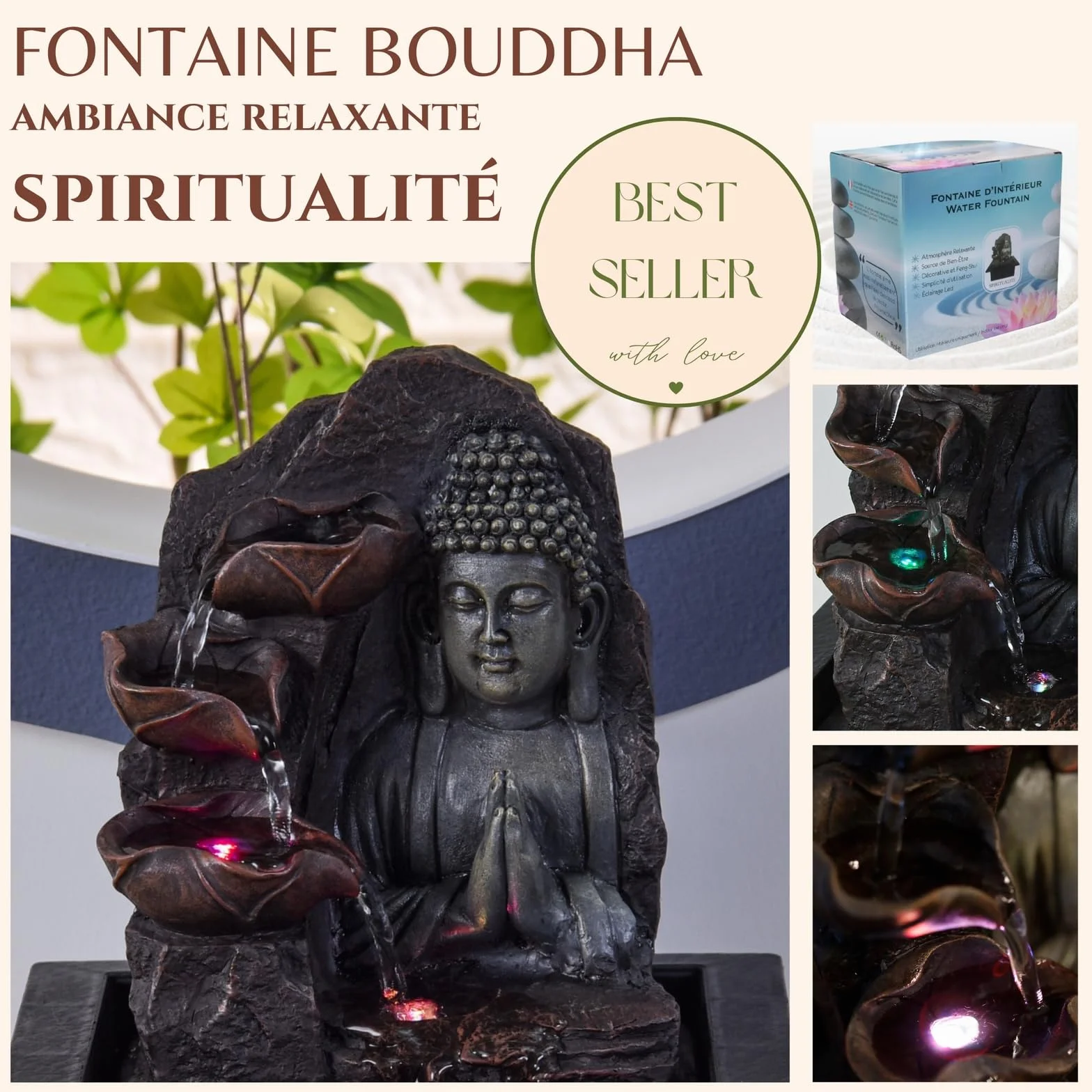 Fontanna wewnętrzna Wodospad Budda Lotos Kolorowe światło LED, dekoracja wnętrz Feng Shui, pomysł na prezent Zen Mind, z dostarczoną cichą pompą, duchowość Zen'Light, 21 x 21 x 26 cm