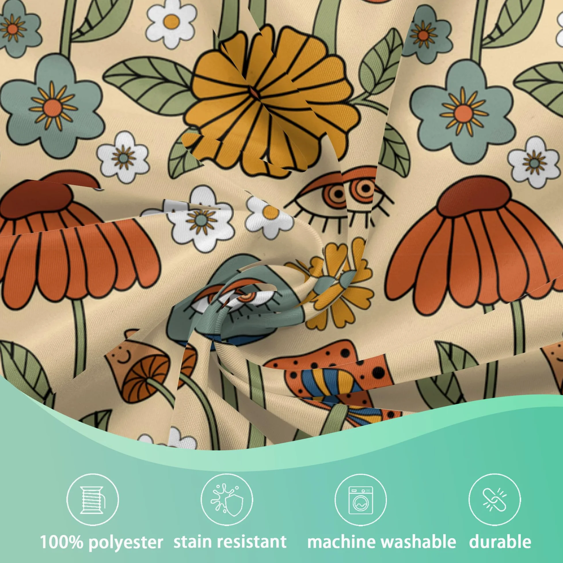 Okrągły obrus w stylu retro boho 152 cm, urocze grzyby, kwiatowy obrus, wodoodporny, odporny na plamy i zagniecenia, okrągły obrus na stół do kuchni, jadalni, na piknik, kemping, do wewnątrz,