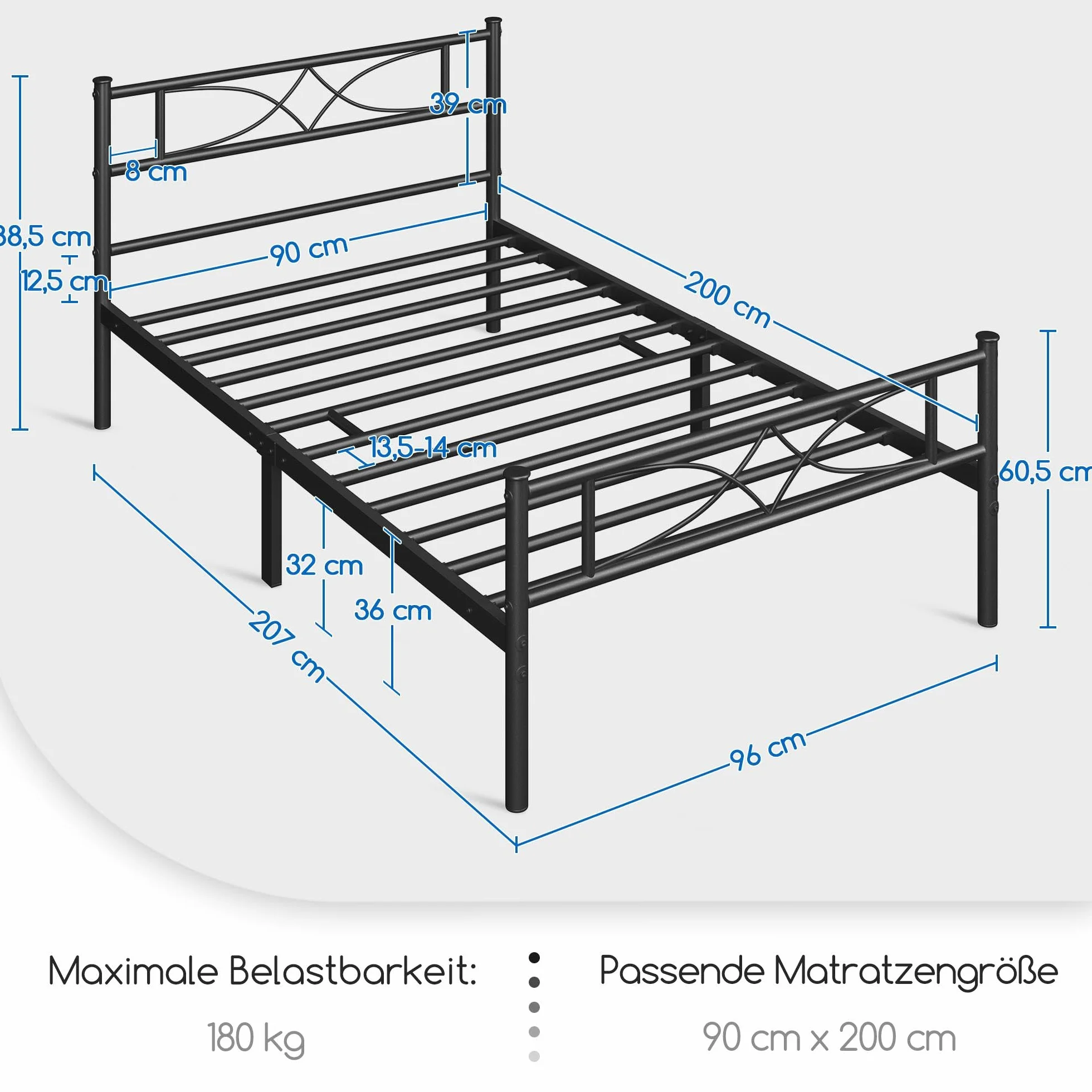Yaheetech Metalowe ?ó?ko 90 x 200 cm, rama ?ó?ka z wysokim zag?ówkiem, ?ó?ko dla go?ci ze stela?em do sypialni, pokoju go?cinnego, du?o miejsca do przechowywania pod ?ó?kiem, czarne | Ze stelażem do sypialni, pokoju gościnnego, dużo miejsca do przechowywa