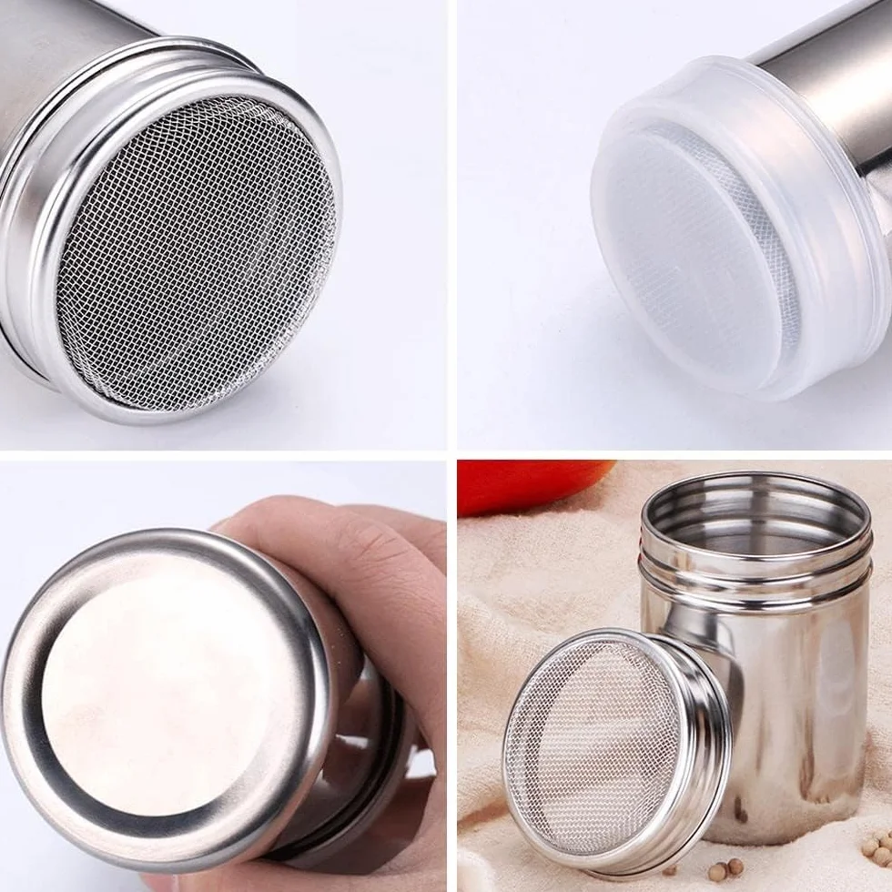 Shaker proszków Stal nierdzewNierdzewkawa Kakao Cynamonowa czekolada Shaker sitkiem Shaker pieprzu Pojemniki przechowywania przypraw drobną siatkową pokrywką restauracji Hotelowy sprzęt grillowania S