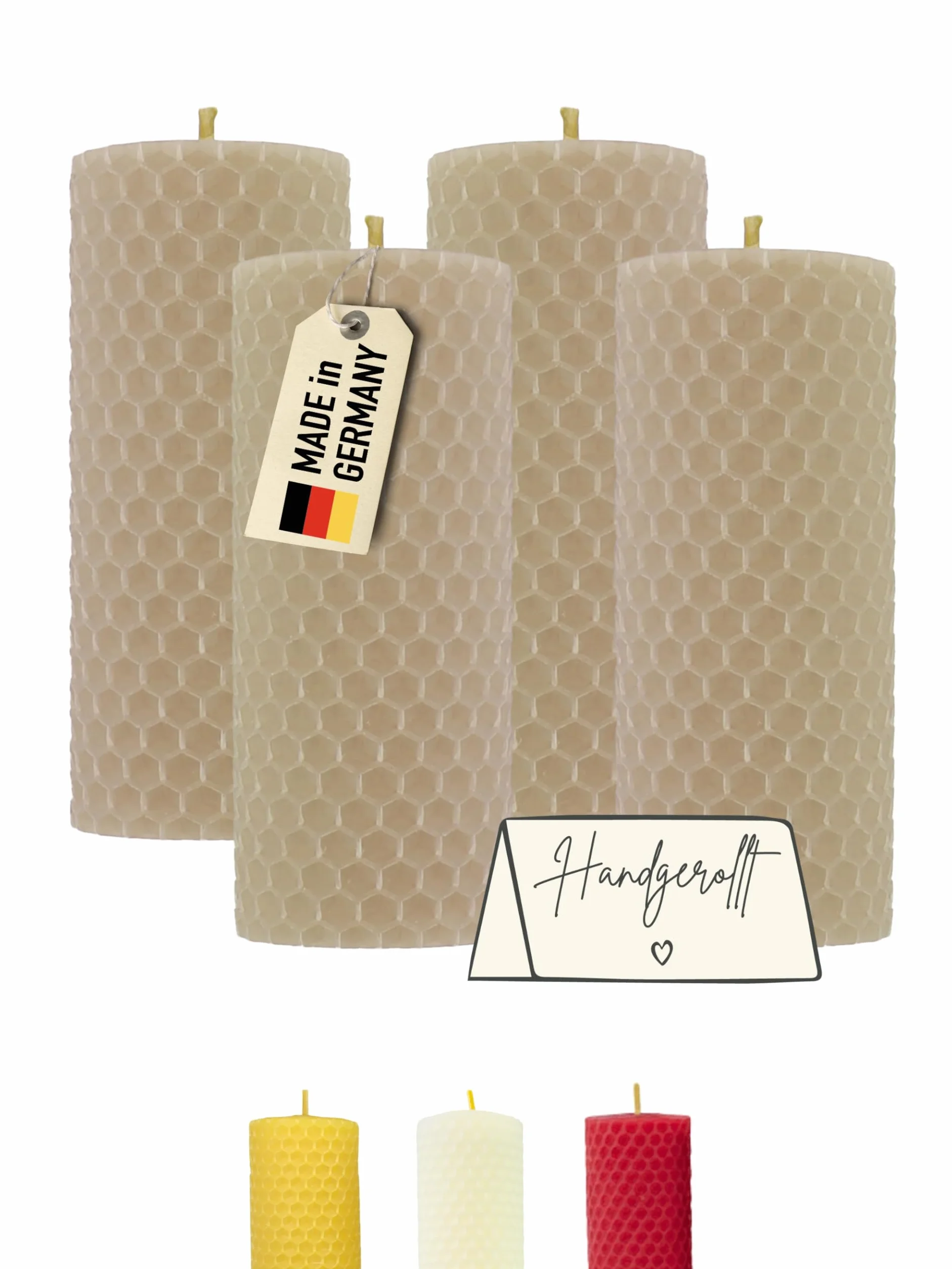Wachsmann Świece pieńkowe beżowe – 100% wosk pszczeli – Boże Narodzenie i prezent – ręcznie zwijane, Made in Germany – zestaw 4 świec z wosku pszczelego (4 × 10 cm, czas palenia 6 godzin)