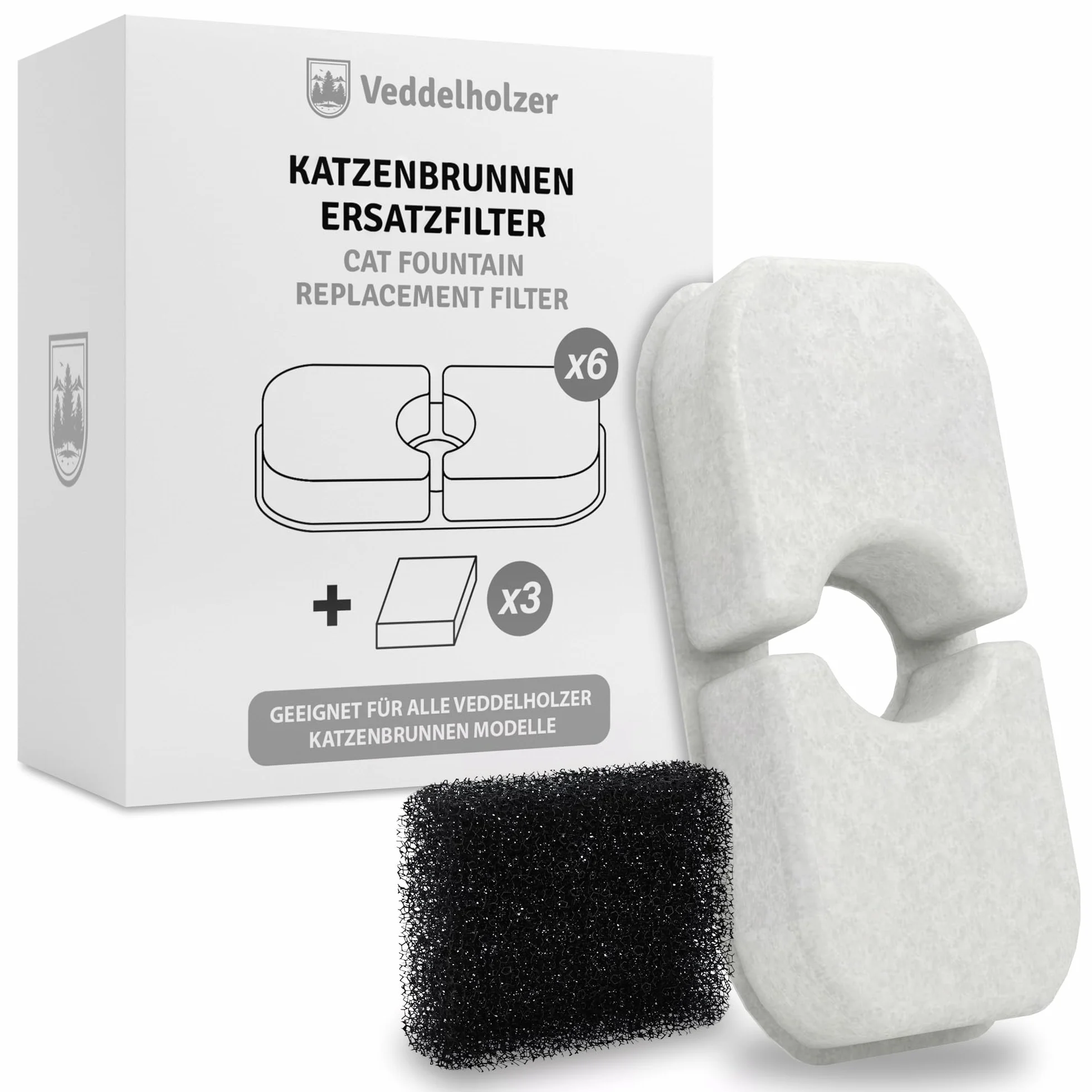 Veddelholzer 6 filtrów do fontanny dla kotów + 3 gąbki zapasowe, 4-krotna filtracja