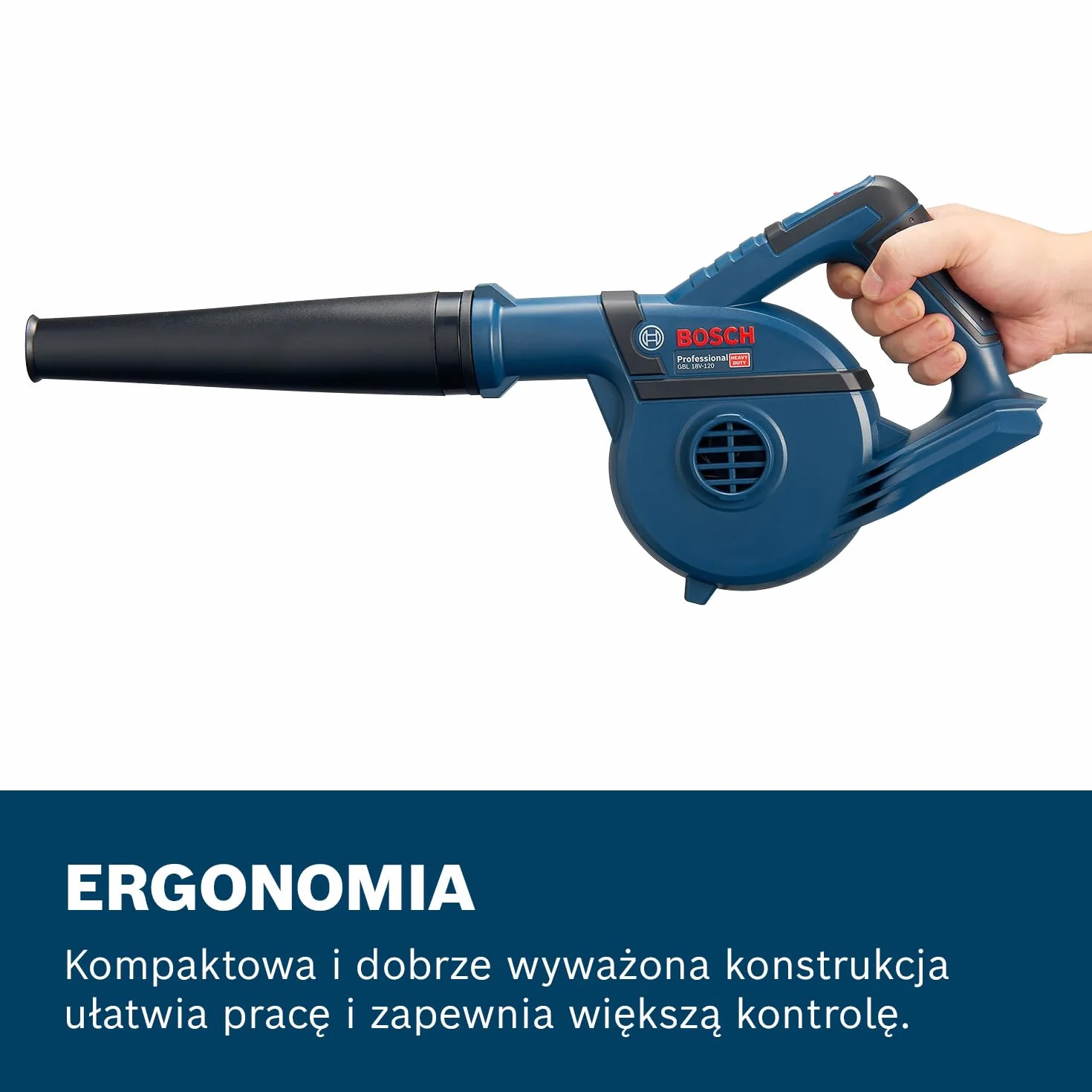 Bosch Professional system 18V: akumulatorowa dmuchawa GBL 18V-120 (prędkość przepływu powietrza do 270 km/h)