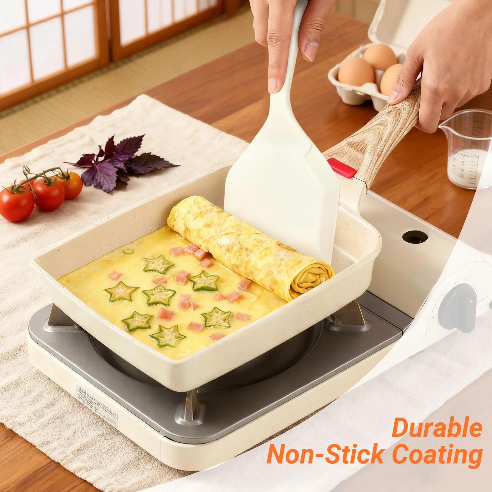 Patelnia Tamagoyaki - Japońska Patelnia do Omeletów - Patelnia Aluminiowa, 19 x 15 cm, Powłoka Nieprzywierająca, Zawiera Łopatkę Silikonową, Do Wszystkich Rodzajów Kuchenek, Piekarnik i Zmywarka