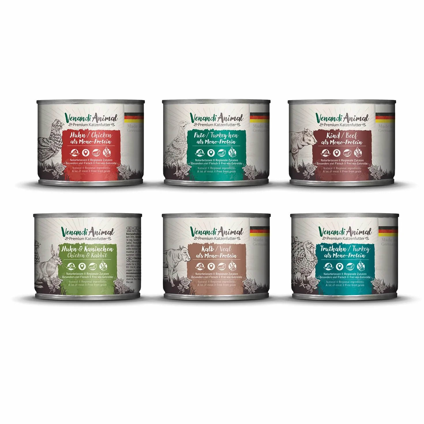 Venandi Animal Mokra karma premium dla kotów pakiet próbny III 6 x 200 g monoproteina bez zbóż