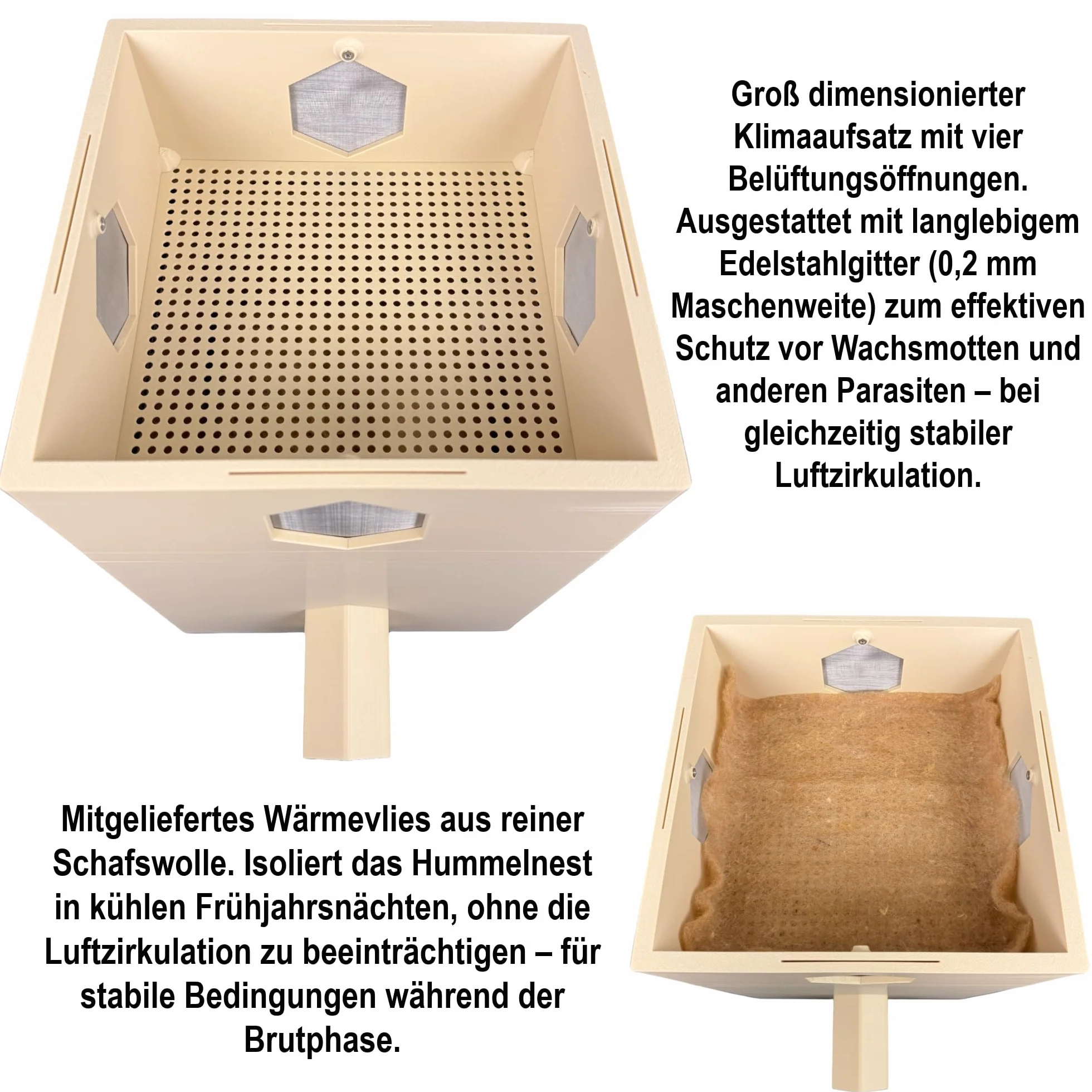 Domek dla trzmieli premium z nakładką klimatyzacyjną, ochrona przed pasożytami ze stali nierdzewnej i włókniną termiczną z owczej wełny – w zestawie materiał lęgowy – odporny na warunki atmosferyczne