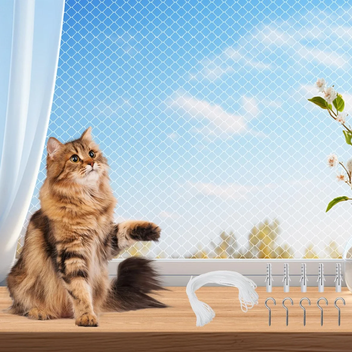 Siatka dla kotów na balkon 3 x 8 m przezroczysta odporna na UV bez wiercenia z linką mocującą