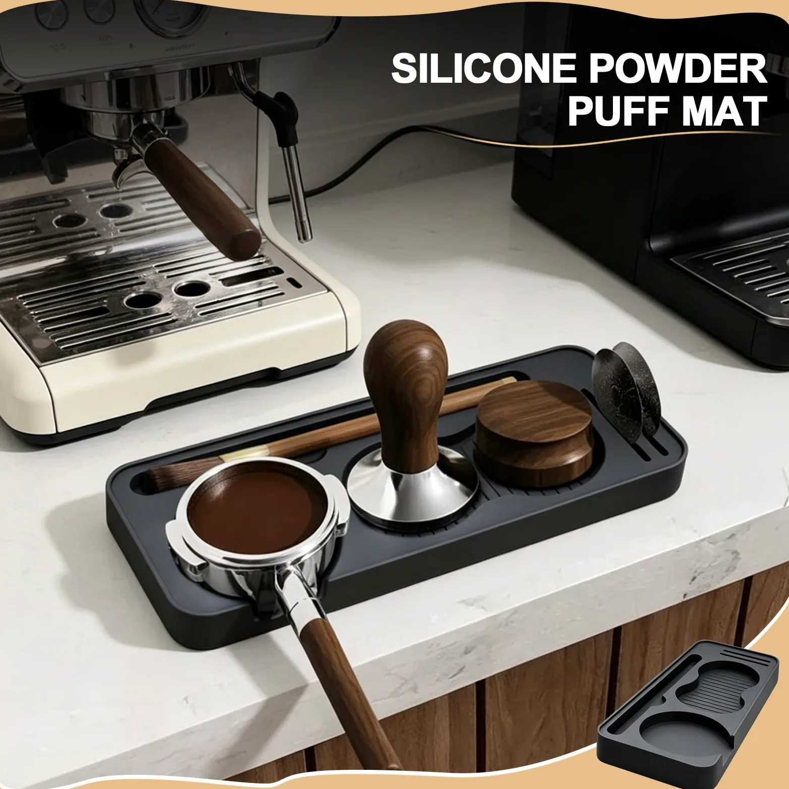 Silikonowa mata do ubijania kawy, mata kawowa do akcesoriów do ekspresu kolbowego (Siebträger), mata do ubijania z uchwytem na tamper, szczotka i krążek sitowy, antypoślizgowa mata barista czarna 24 x