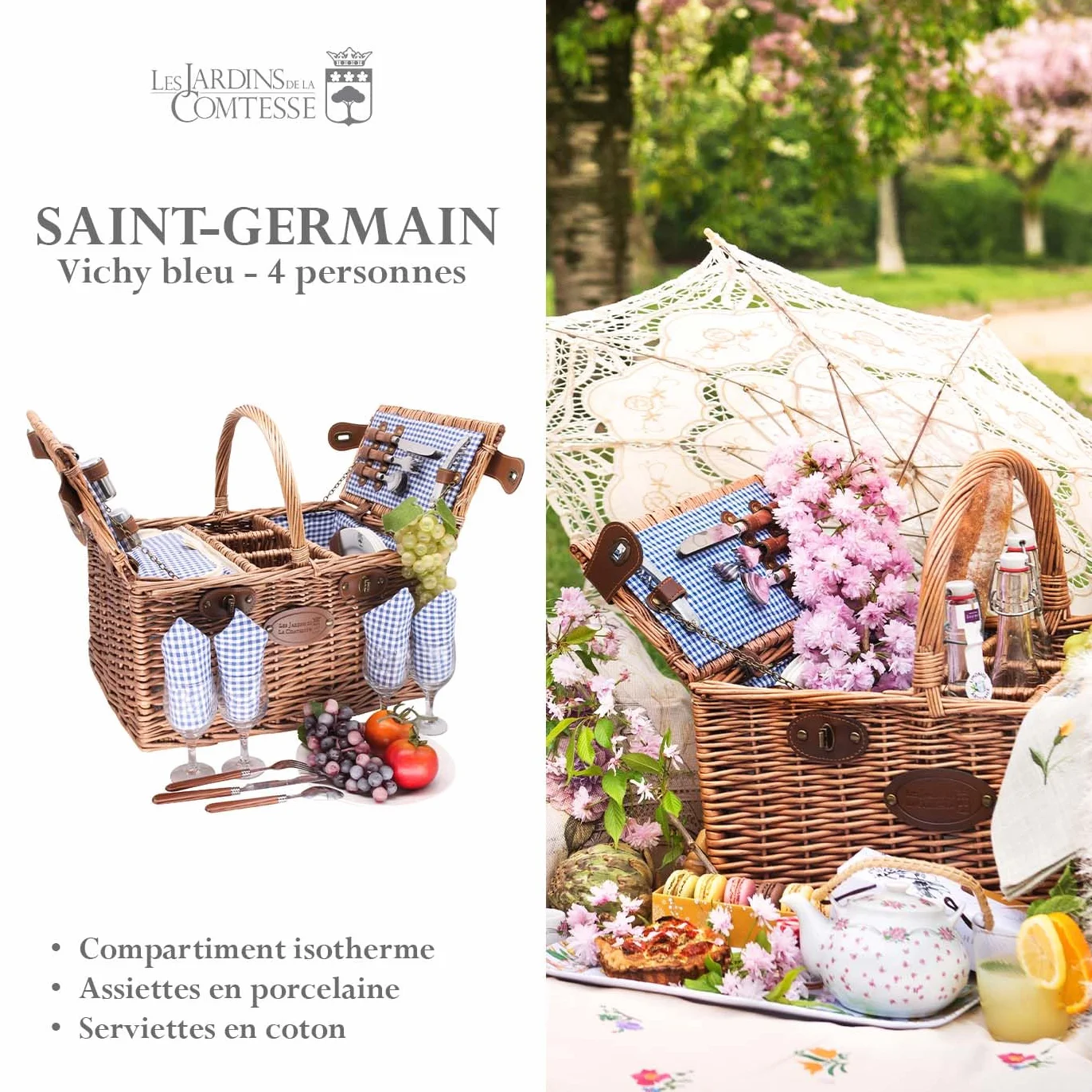 Les Jardins de la Comtesse - Kosz piknikowy Saint Germain Vichy Bleu - Izolowana komora na lodówkę - 3 szafki - Talerze ceramiczne - 48 x 35 x 26 cm