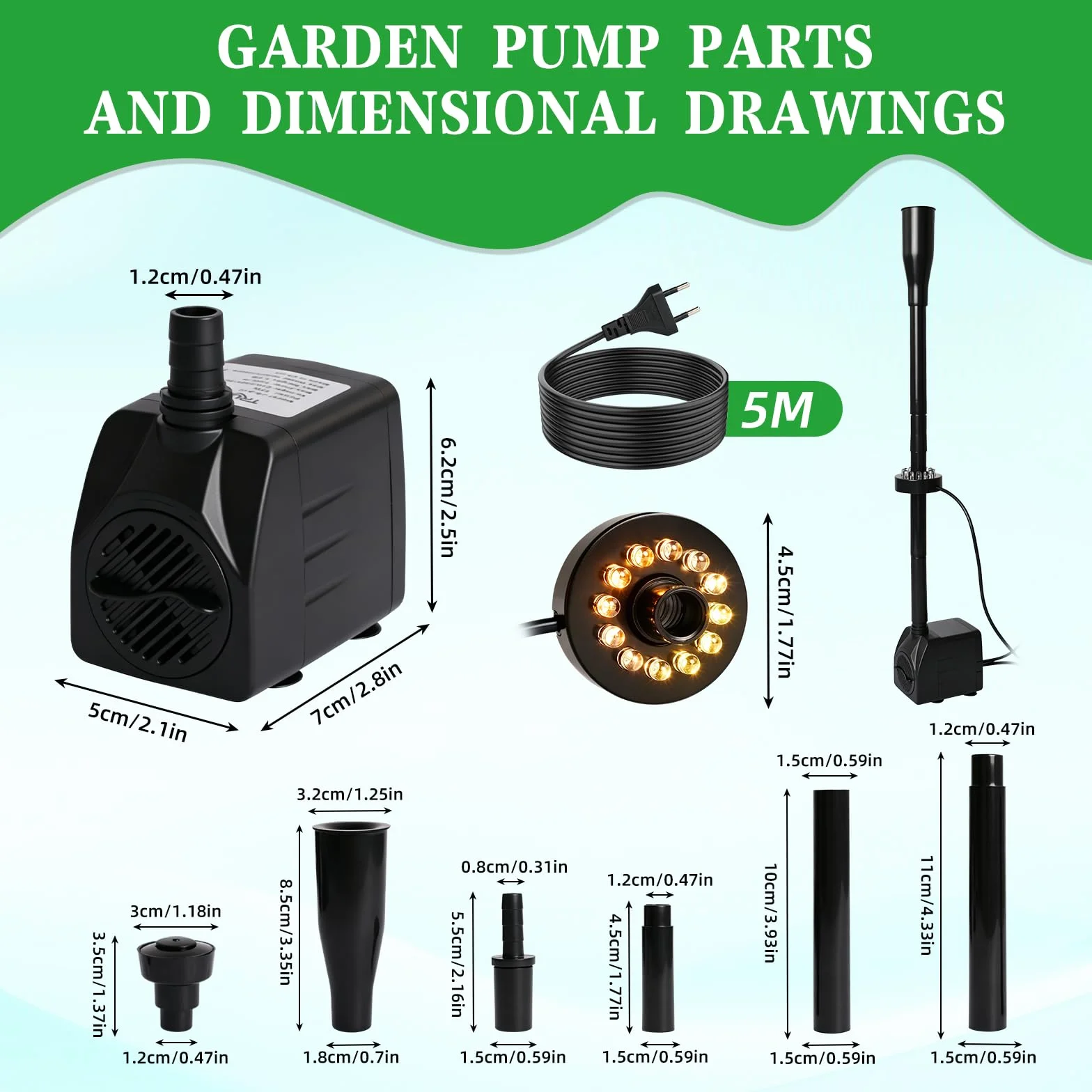 Pompa do fontanny zewnętrznej z diodami LED, pompa do oczka wodnego do użytku na zewnątrz, z kablem 5 m, cicha, ze światłem LED, 3 dysze kolory, do stawu ogrodowego, stawu rybnego, wodospadu, 800 l/h