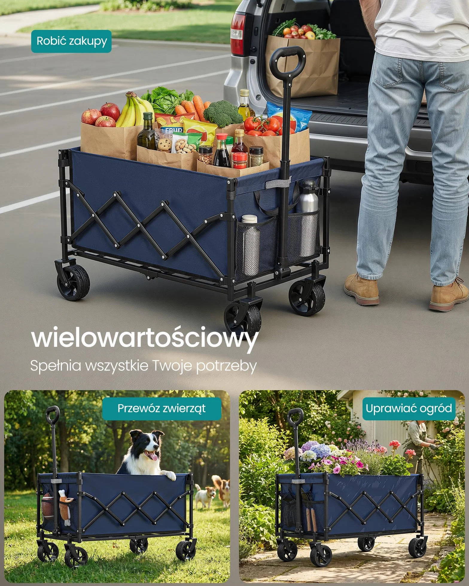 SONGMICS Kleiner Handwagen faltbar, Gartenwagen, kompakt, mit Griff, mit 4 Verstärkten Rollen, davon 2 Universalräder, bis 120 kg belastbar, Outdoor, Garten, 150 L, mitternachtsblau GFW150QE01