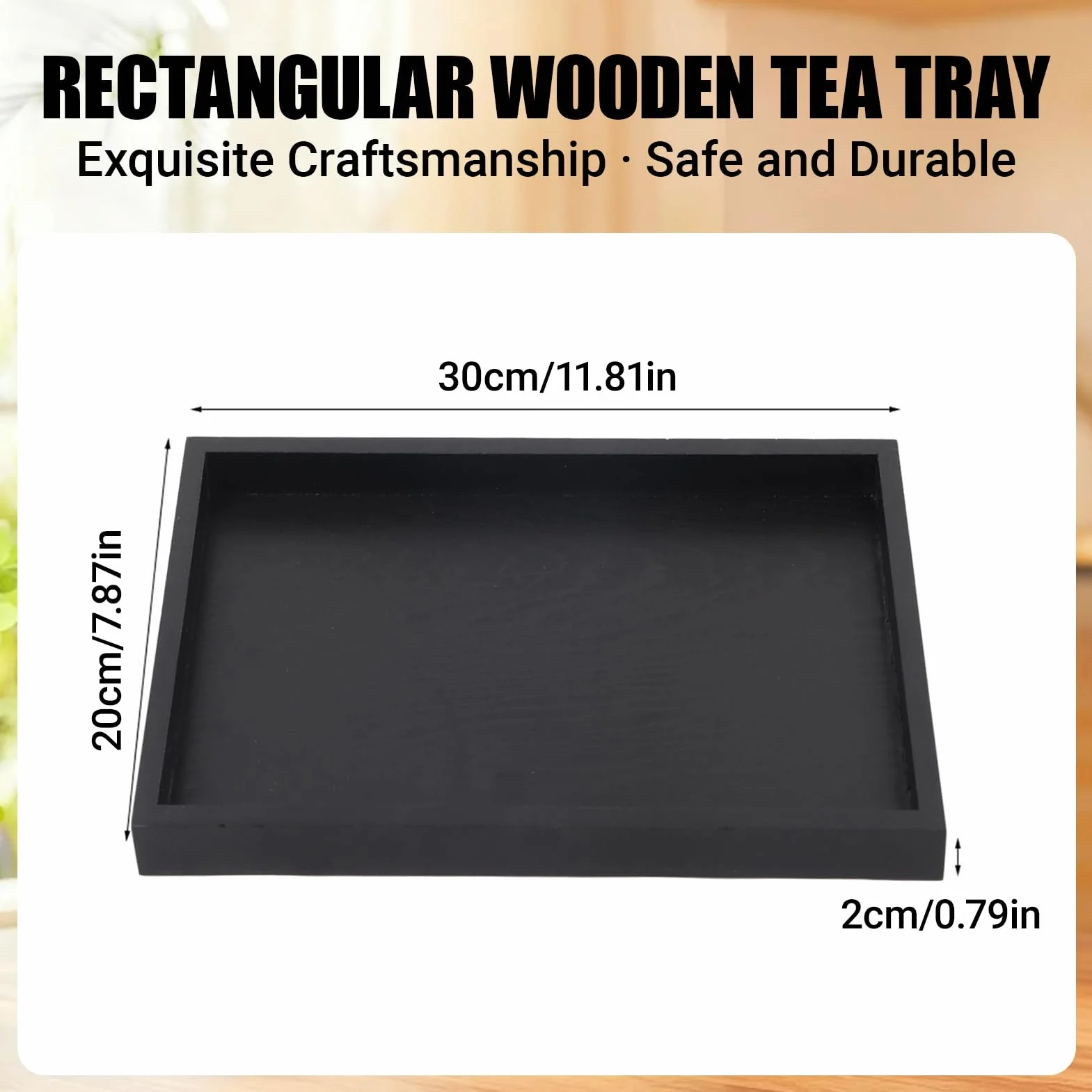 Czarna prostokątna drewniana taca na herbatę, 22 * ​​12 * 2 cm / 25 * 18 * 2 cm / 30 * 20 * 2 cm, prostokątna taca na herbatę i kawę z litego drewna, odpowiednia dla (30 * 20 * 2cm)
