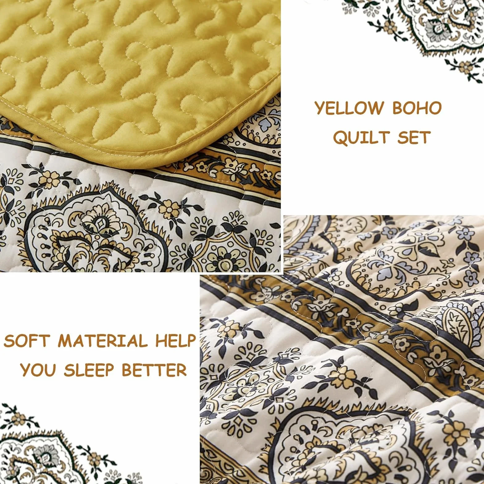 WONGS BEDDING Żółto-pomarańczowa kołdra boho w rozmiarze king size, lekka kołdra z mikrofibry, dekoracja łóżka na każdą porę roku, 260 x 229 cm (3 sztuki)