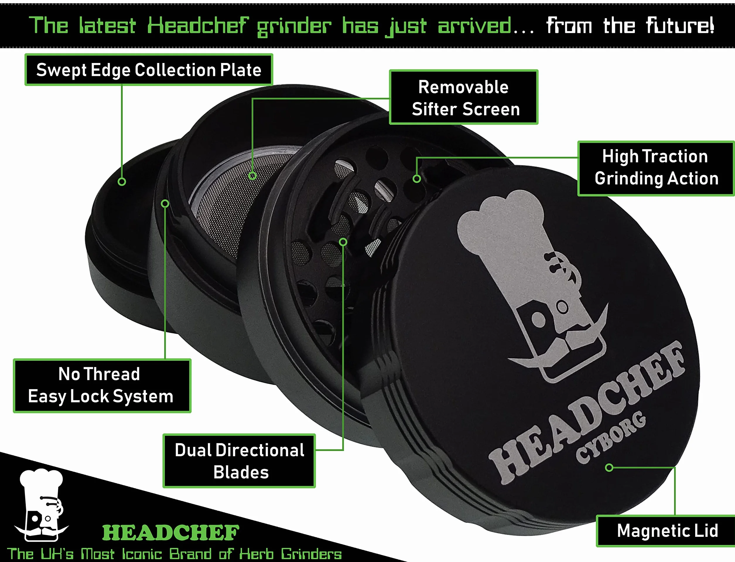 Headchef Cyborg wysokiej jakości metalowy młynek do ziół z wyjmowanym ekranem obrotowym, 4 sztuki młynek 62 mm (karbonowy czarny)
