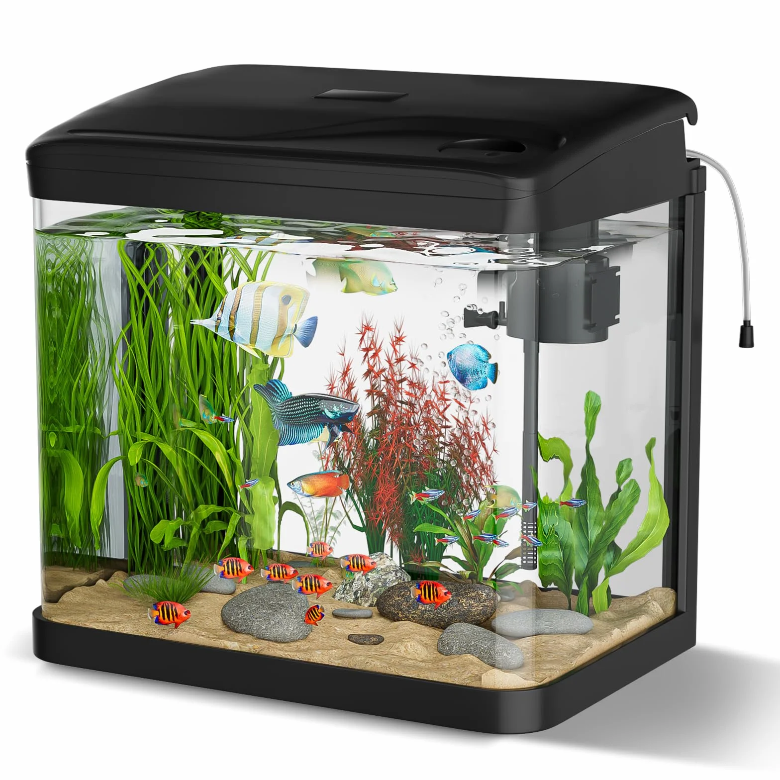 GuKKK Nano akwarium, kompletny zestaw, 15 l, stabilny basen dla początkujących z oświetleniem LED i wbudowanym systemem filtrowania, do ryb, basenów Aquarii, odporny na uderzenia, czarny