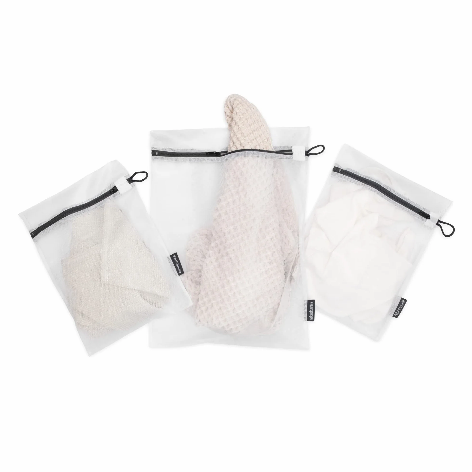 Brabantia - Woreczki do Prania - Ochronna Siatka - do Delikatnej Bielizny - Łatwe Użycie - Zamek - Specjalna Okładka Pull-Tab - Zestaw 3 w 2 Rozmiarach - White - 33 x 25 cm / 45 x 33 cm