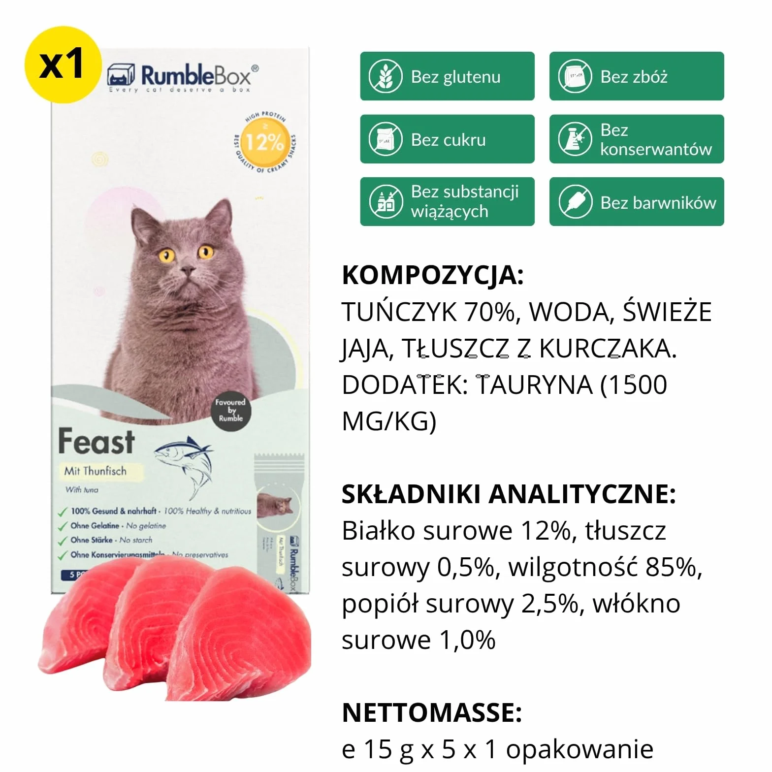 Kremowe przysmaki dla kota z tuńczykiem, bez zbóż, 75 g
