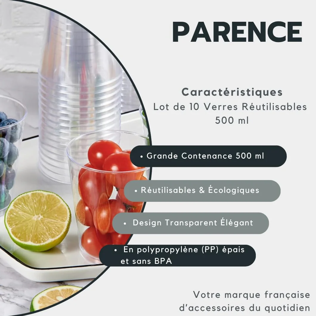 PARENCE.- Zestaw 10 kubków wielokrotnego użytku po 500 ml – Sztywne kubki wykonane z PP wolnego od BPA | Duże, wytrzymałe soczewki | Wielokrotnego użytku, zmywalny, odpowiedni na wakacje
