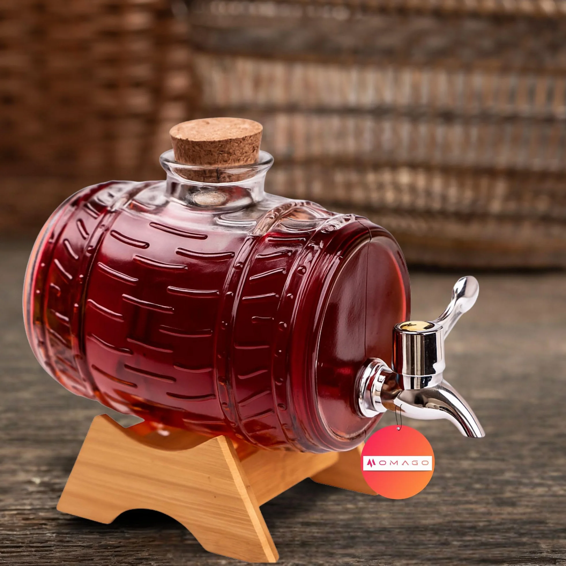OMAGO® Szklana beczułka z kranikiem 1 L, dozownik napojów w kształcie beczki, karafka do whisky, brandy, wina, soków i lemoniady