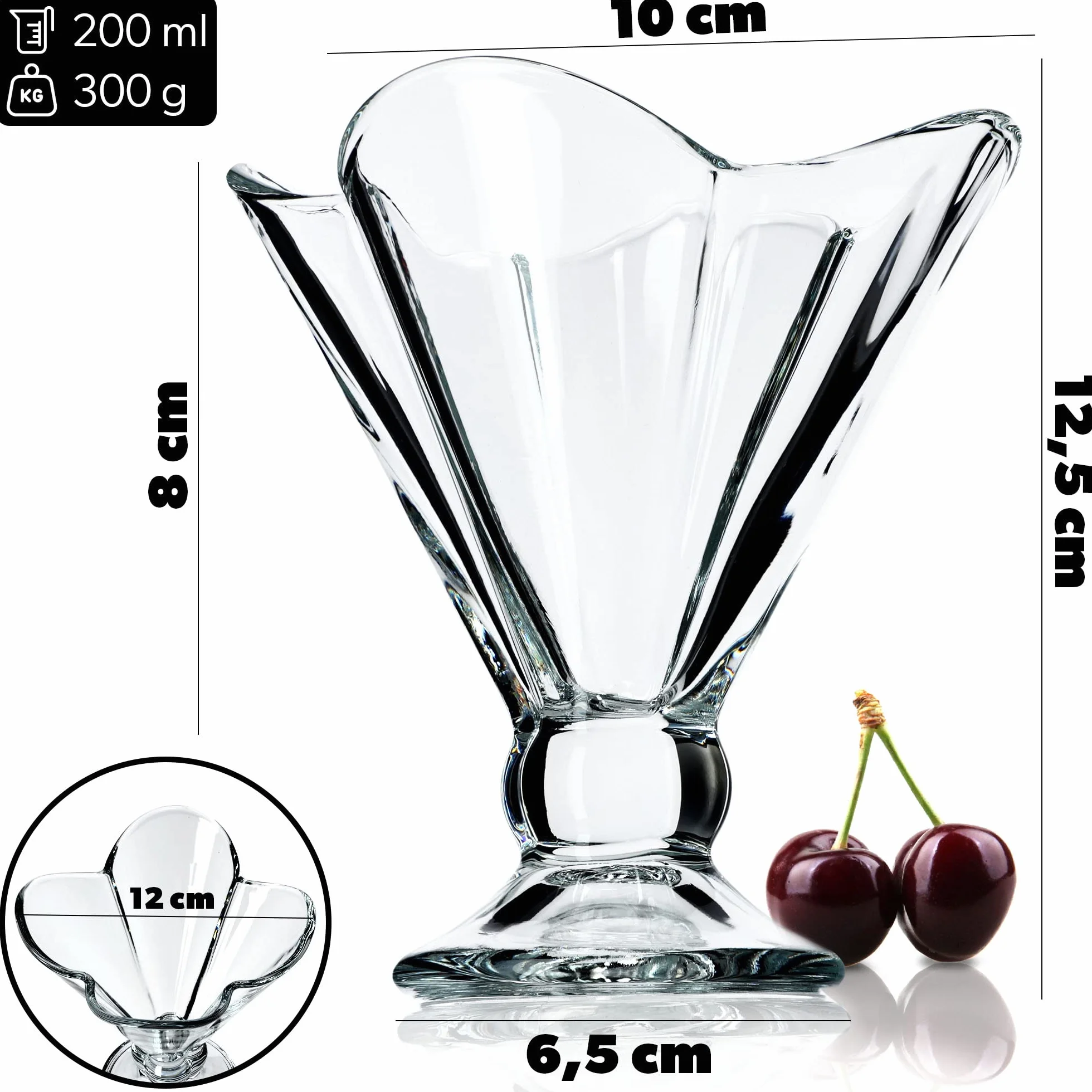 KADAX Szklane pucharki do lodów na nóżce, eleganckie kielichy deserowe do sorbetów i owoców, przezroczyste, pojemność 200 ml