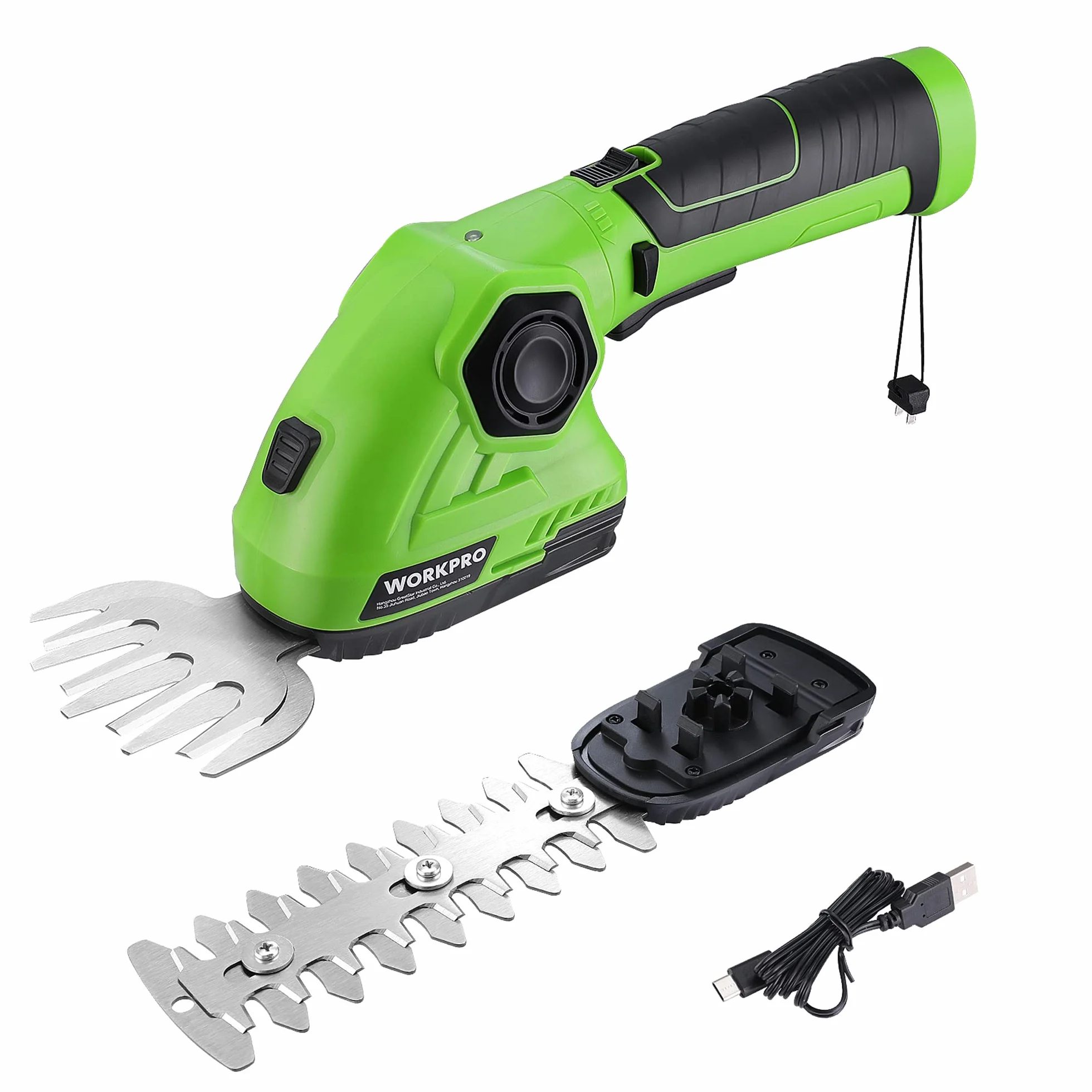 WORKPRO 2 w 1 7,2V akumulatorowe nożyce do żywopłotu i do trawy z akumulatorem litowo-jonowym, ręczne nożyce do żywopłotu z 2 ostrzami, trymer do trawy z obrotową rękojeścią pod kątem 180°, idealny do