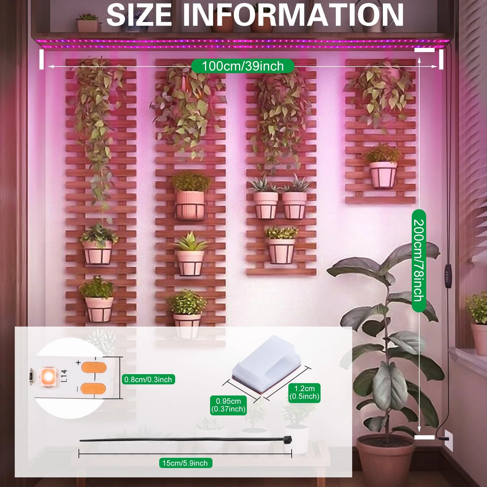Wodoodporna Listwa Świetlna do Uprawy Roślin Domowych, Pełne Spektrum, Wewnątrz, USB z Automatycznym Włączaniem/Wyłącznikiem, Różowo-Niebieskie, 120 Diod LED