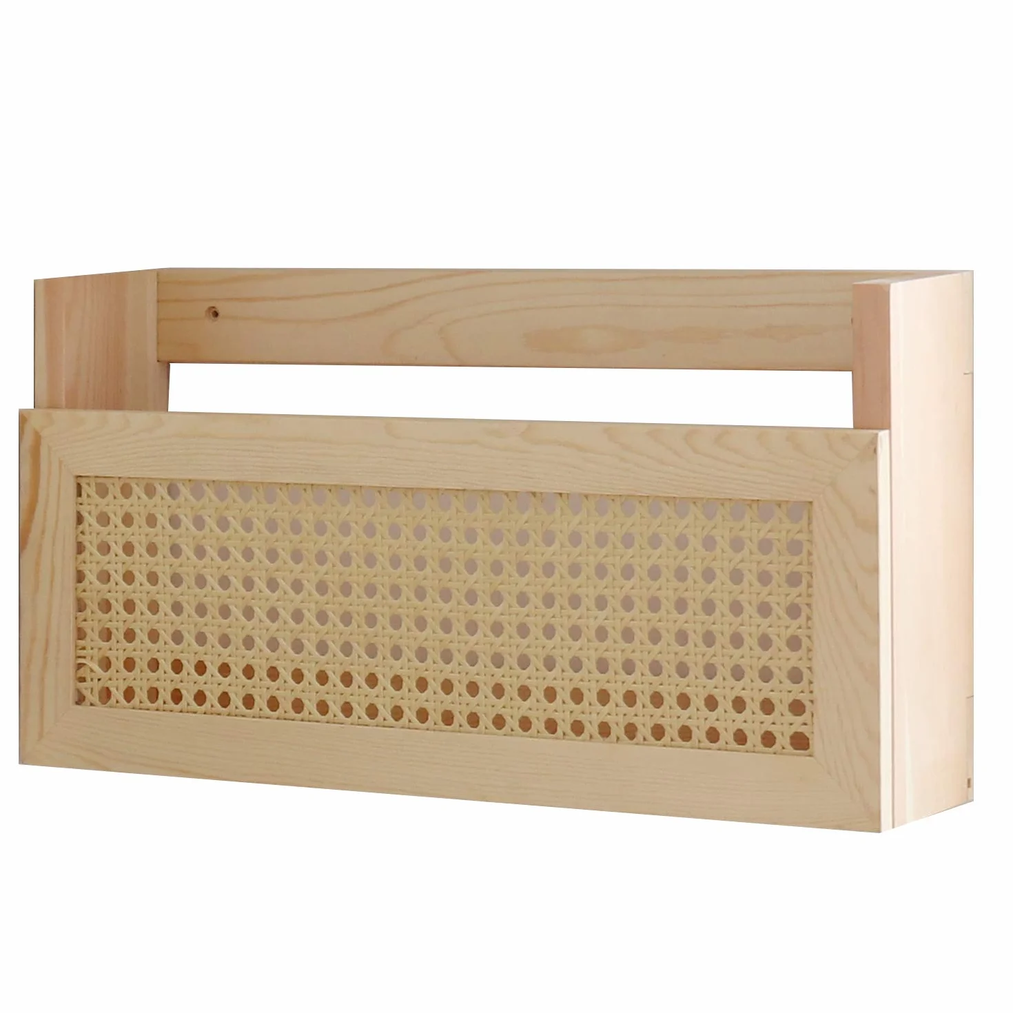 FIRADE Drewniany stojak ścienny na czasopisma z kratką rattanową PE, wymiary 44 x 10 x 24 cm, uchwyt na dokumenty do przedpokoju, salonu, poczekalni, pokoju dziecięcego, biura