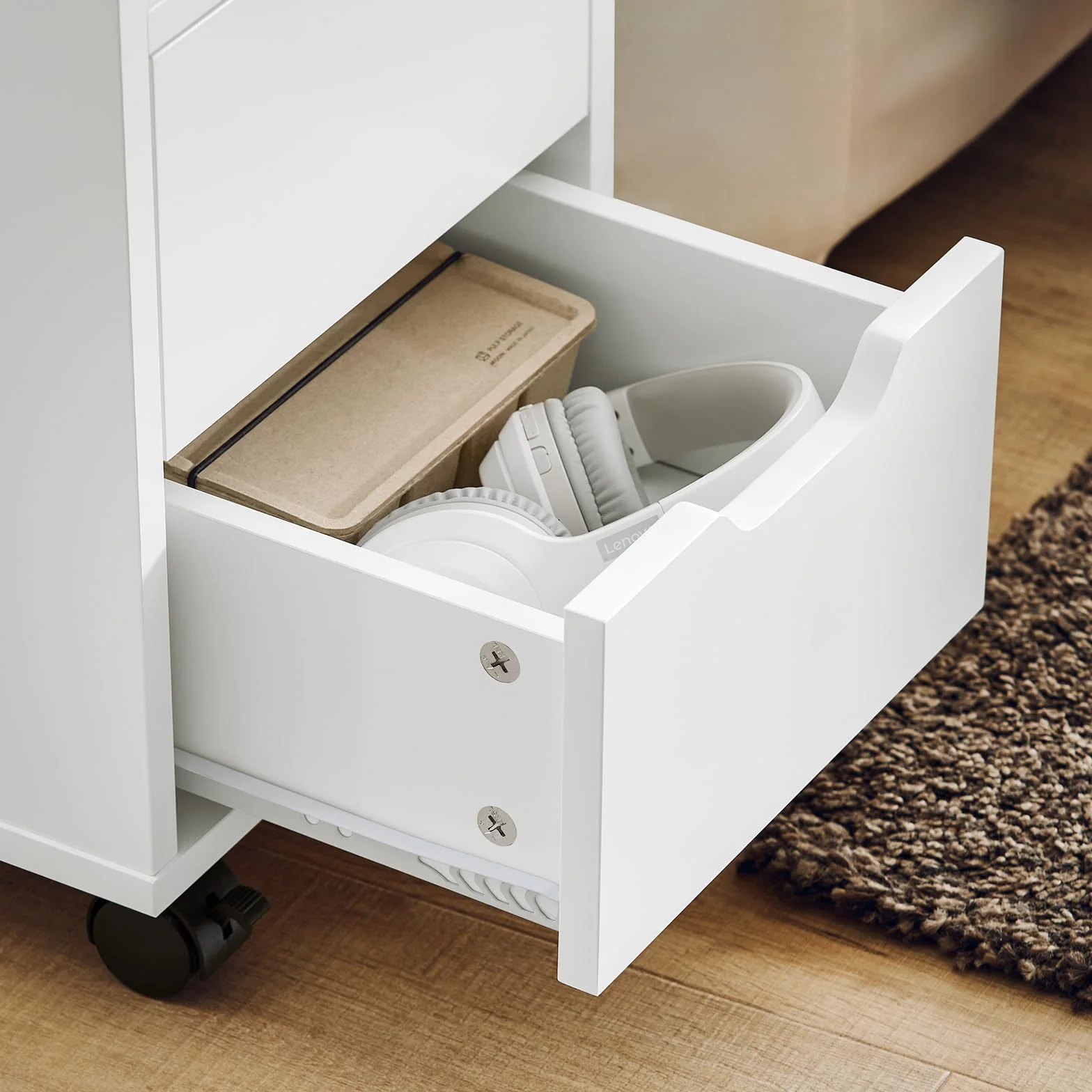 SoBuy Stojak na drukarkę z kółkami – Mobilny stół pod drukarkę i szafka biurowa do biura i Home Office, z szufladami i półkami, B60 x D30 x H60 cm, FBT130-WN