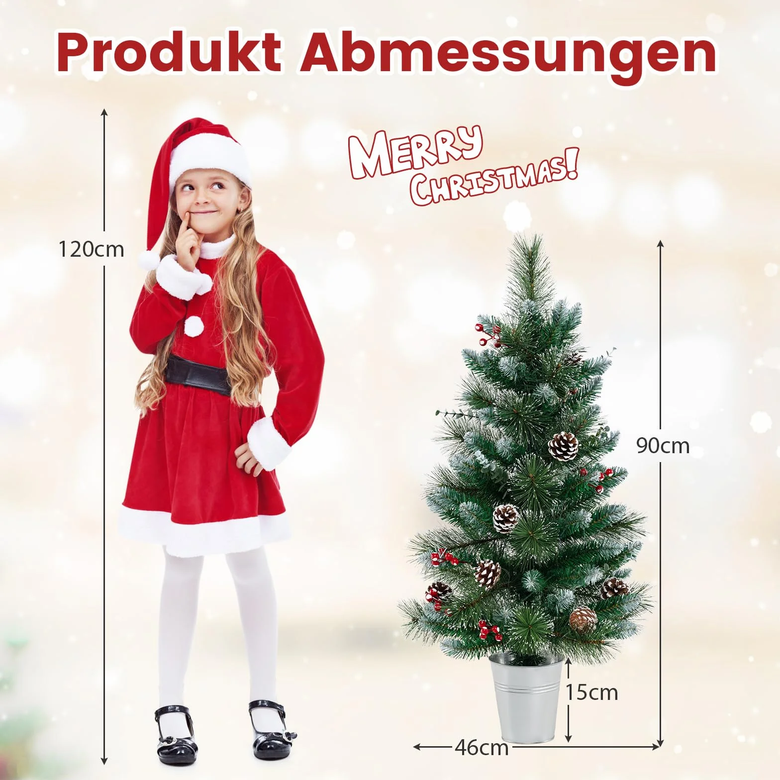 COSTWAY Sztuczna choinka 90 cm z oświetleniem, mała choinka w doniczce, choinka stołowa z 20 diodami LED, 8 trybów, timer, jagody i szyszki jodłowe do dekoracji bożonarodzeniowej