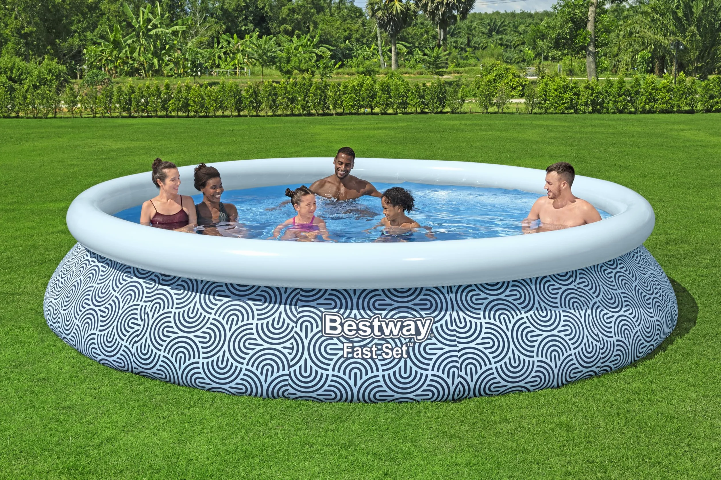 Bestway Fast Set zestaw basenów rozkładanych z pompą filtrującą, Ø 396 x 84 cm, 7340 l, 3-warstwowy materiał TriTech, graficzne linie, do samodzielnego montażu, pompa filtrująca, wkład filtrujący,