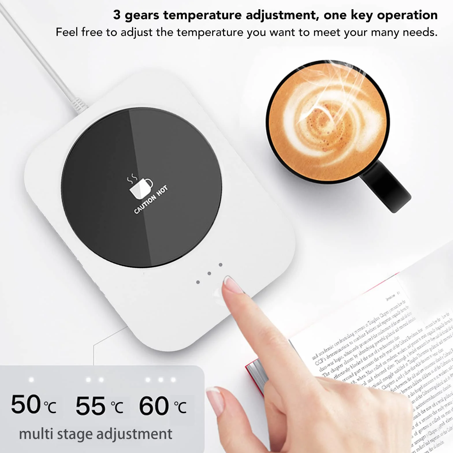 Focket Grzeczszy Kubek, Inteligentny Elektryczny Grzejnik Kubek z 3 Ustawieniami Temperatury świec Kawy Kakao (WHITE)