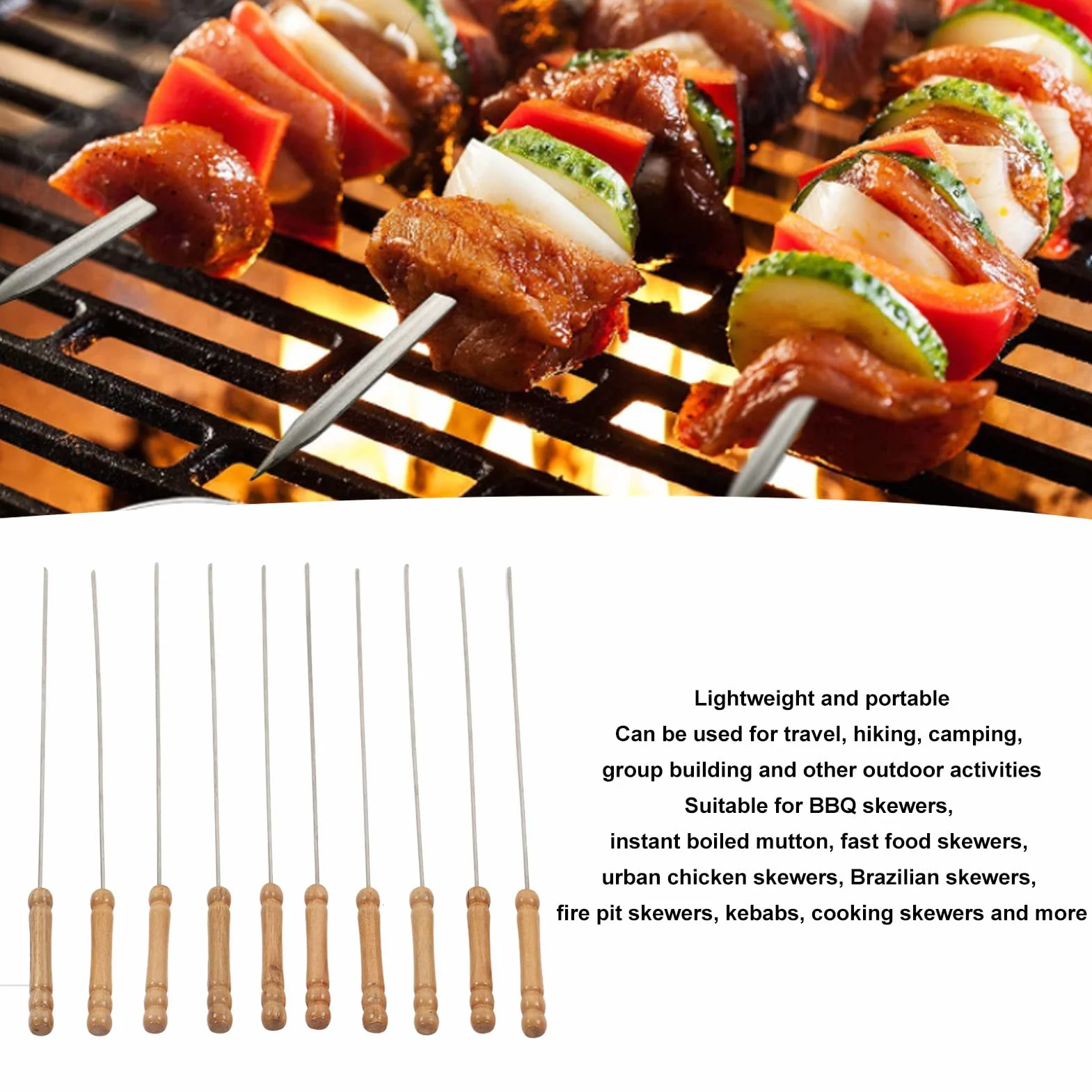 Szaszłyki do Grilla, 10 sztuk, Drewniany Uchwyt, Nierdzewna, Lekki i Przenośny, Idealne dla Piekna na świeżym Powietrzu, Wypady na Nature, Barbecue