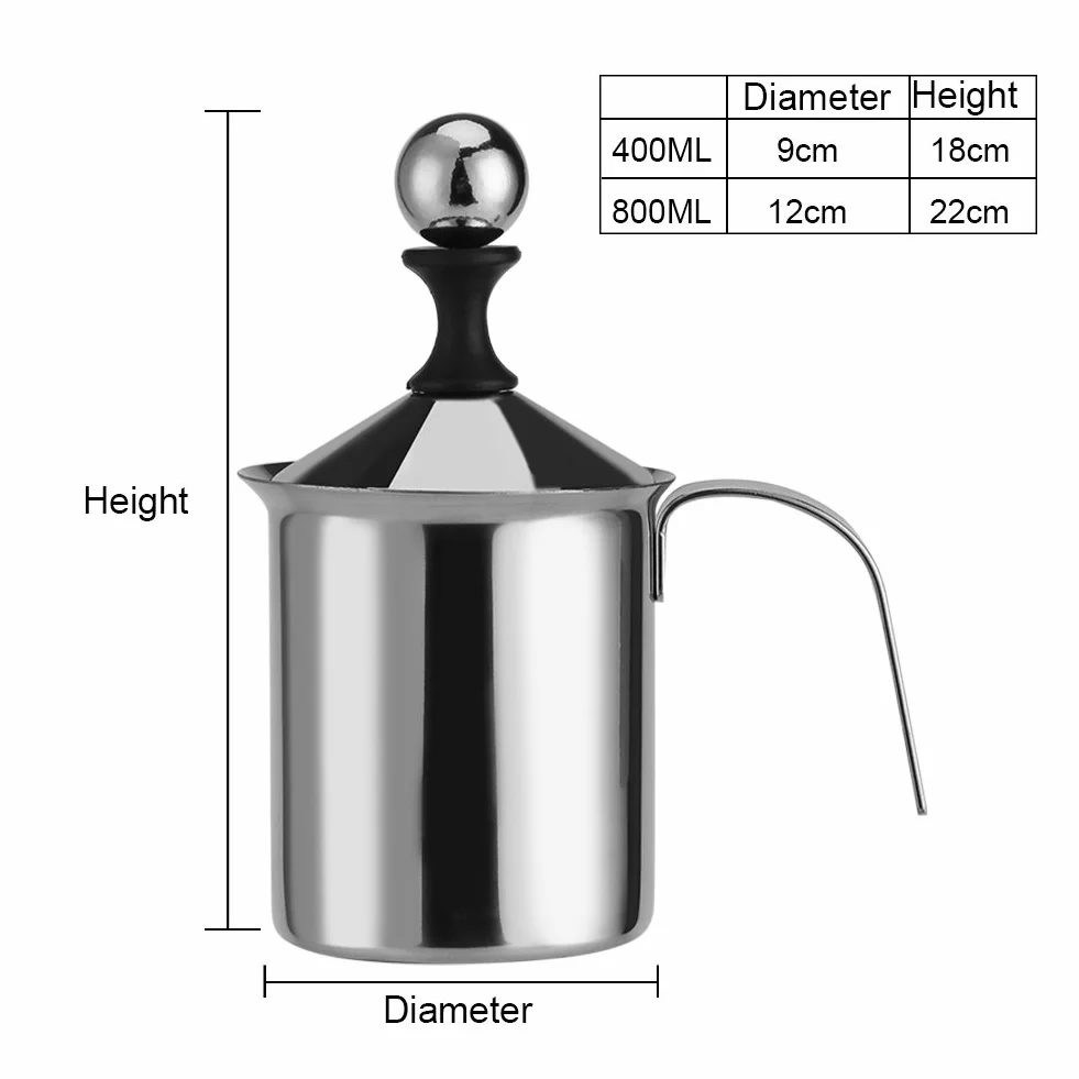 Zerodis Spieniacz do mleka 400 ml/800 ml stal nierdzewna ręczny spieniacz do mleka podwójna siatka kawa cappuccino spieniacz kremowy (800 ml)
