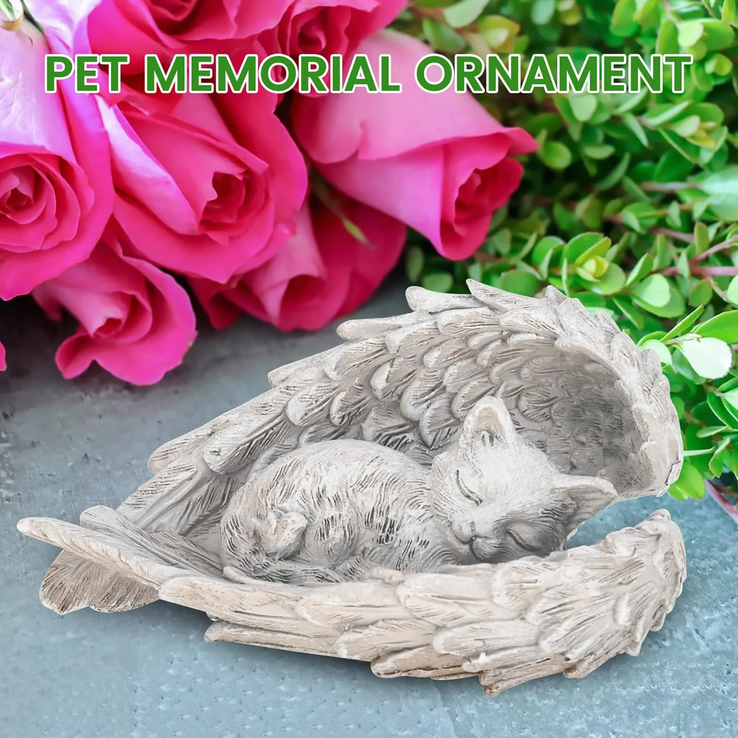 Shirene Kamień pamiątkowy dla aniołka kota, statuetka anioła, kamień pamiątkowy z kotami i skrzydłami anioła, rzeźba śpiącego kota, do użytku na zewnątrz i wewnątrz, na taras, balkon, do ogrodu