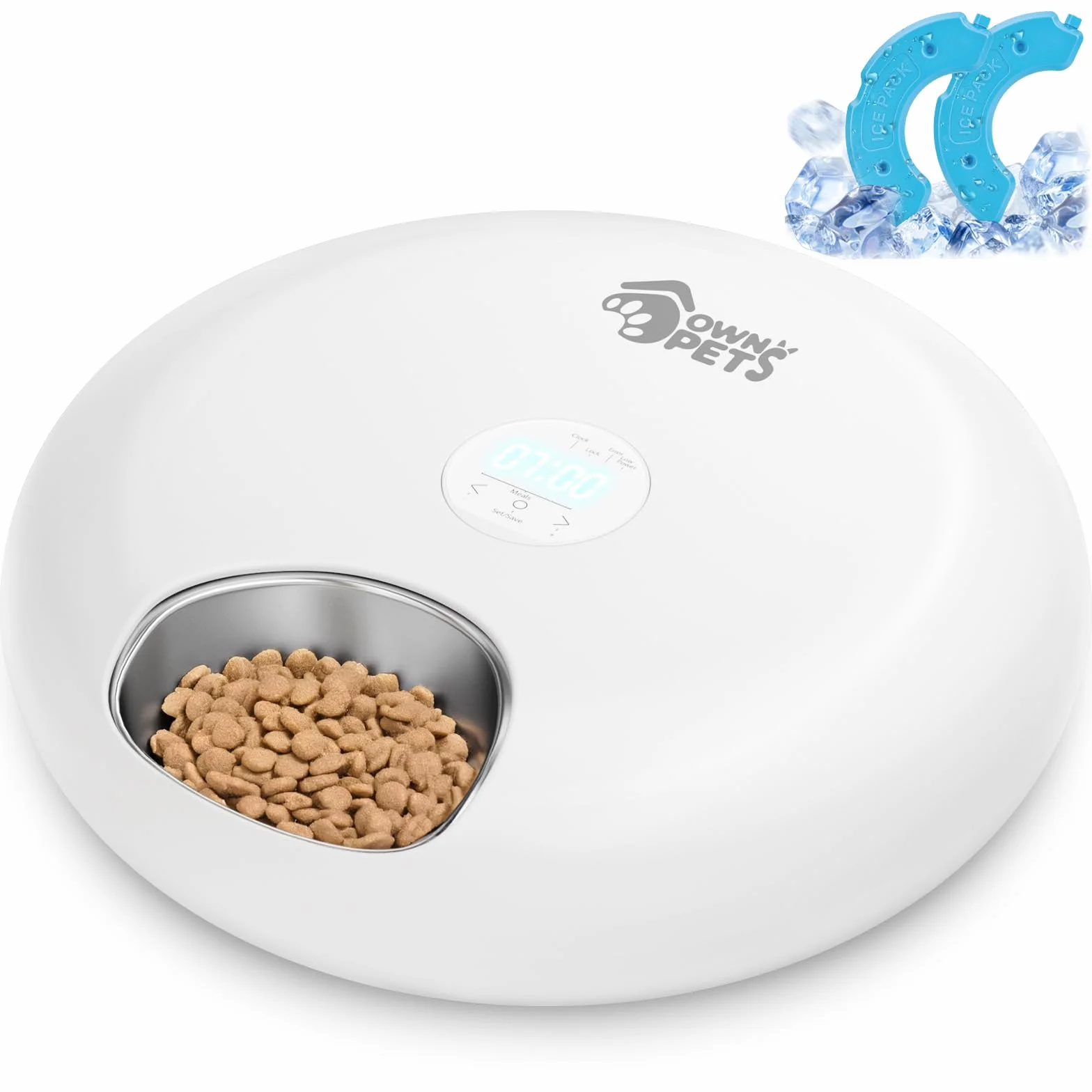 Ownpets Automatyczny podajnik z licznikiem dla zwierząt domowych na mokrą karmę, automatyczny dozownik z zasilaniem bateryjnym i USB, dwa opaski chłodzące, stalowa tacka na jedzenie 6 posiłków (każdy