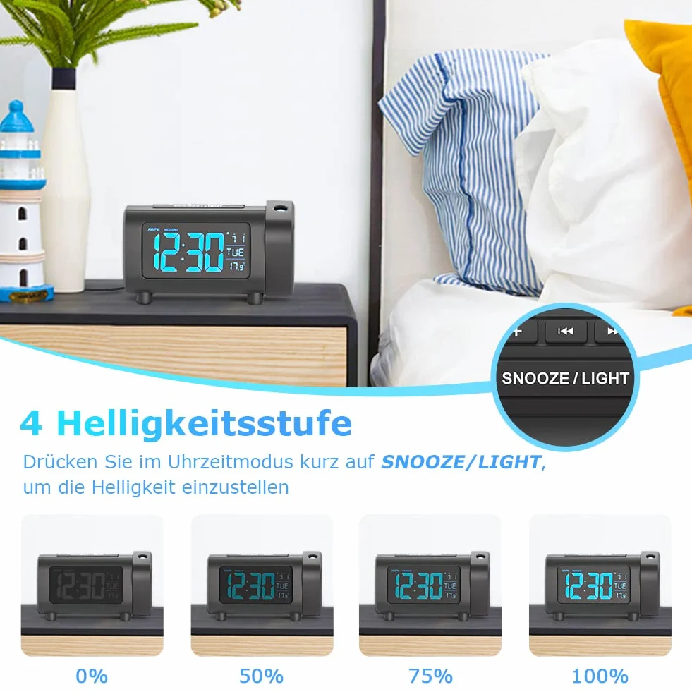 LIORQUE cyfrowy budzik z projektorem, automatyczne wyłączanie, temperatura, radio FM, złącze USB, 2-kolorowe cyfry i 4-stopniowa jasność, tryb weekendowy, funkcja drzemki (czarny)