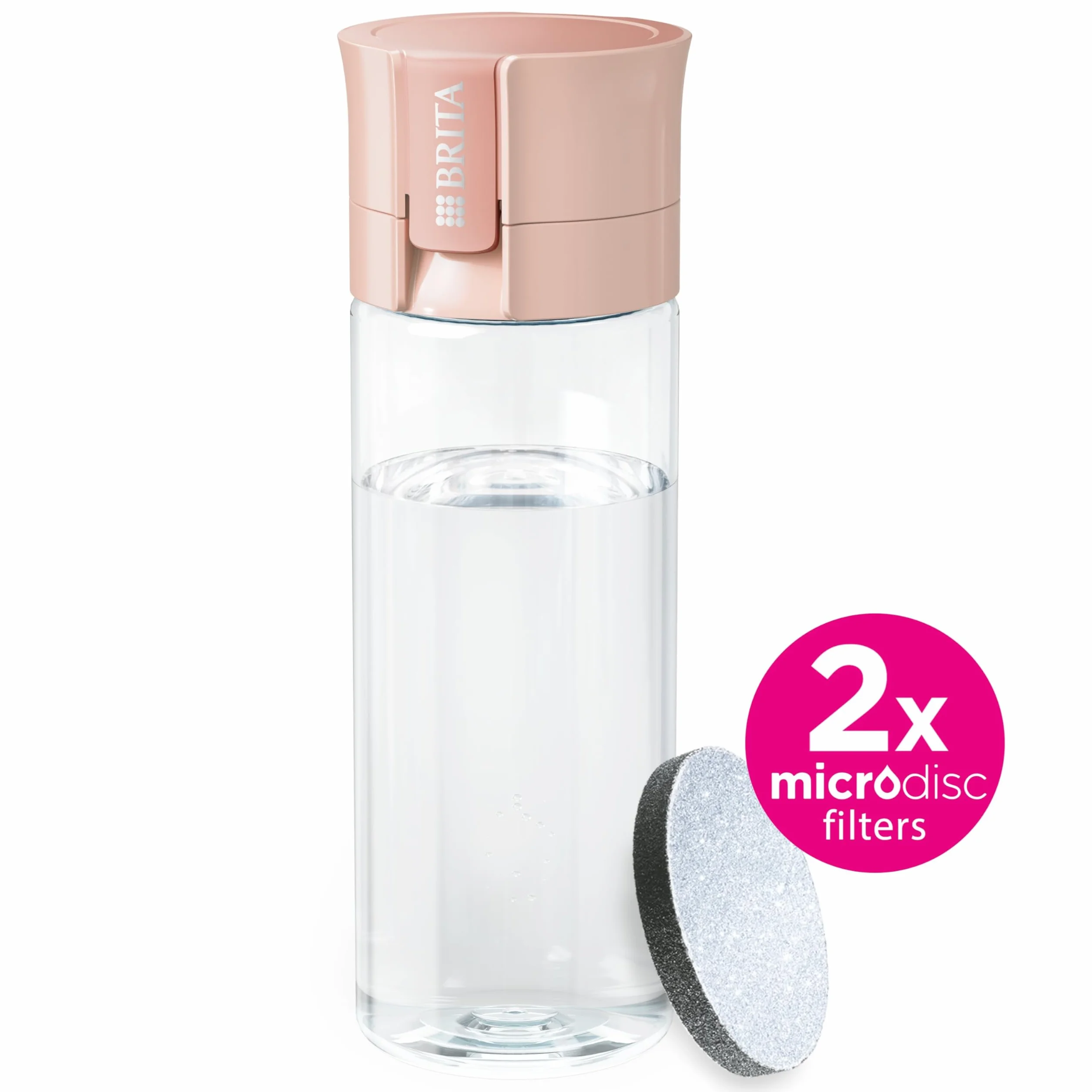 BRITA Butelka z filtrem do wody Model Vital morelowa (600 ml) w zestawie z 2 filtrami MicroDisc – praktyczna butelka na napoje z filtrem do wody w podróży, filtruje chlor i bakterie podczas