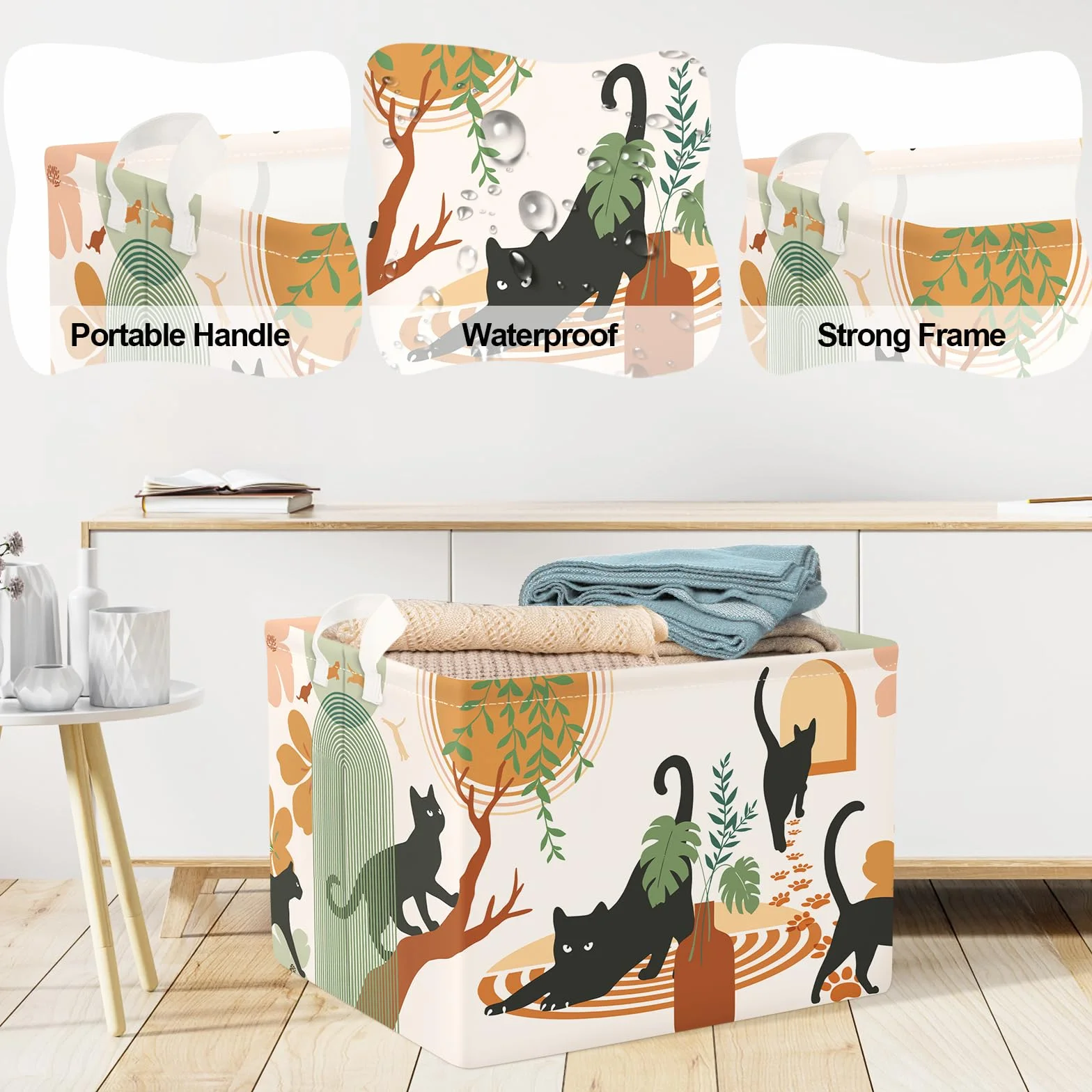 Clastyle Boho Tier Wäschekorb mit Henkel Składany Kosz na bieliznę z uchwytem dla dziewczynek, kobiet; do przechowywania ubrań i zabawek; do pokoju dziecięcego, łazienki, motyw kota, 40x30x30 cm