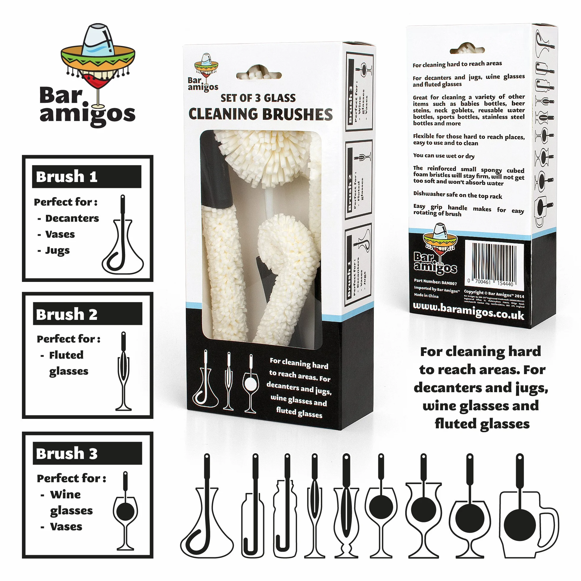 Bar Amigos® Zestaw 3 – karafka i szklanki, szczotka do czyszczenia szkła, elastyczna szczotka do czyszczenia kieliszków do wina i piwa, szklanek